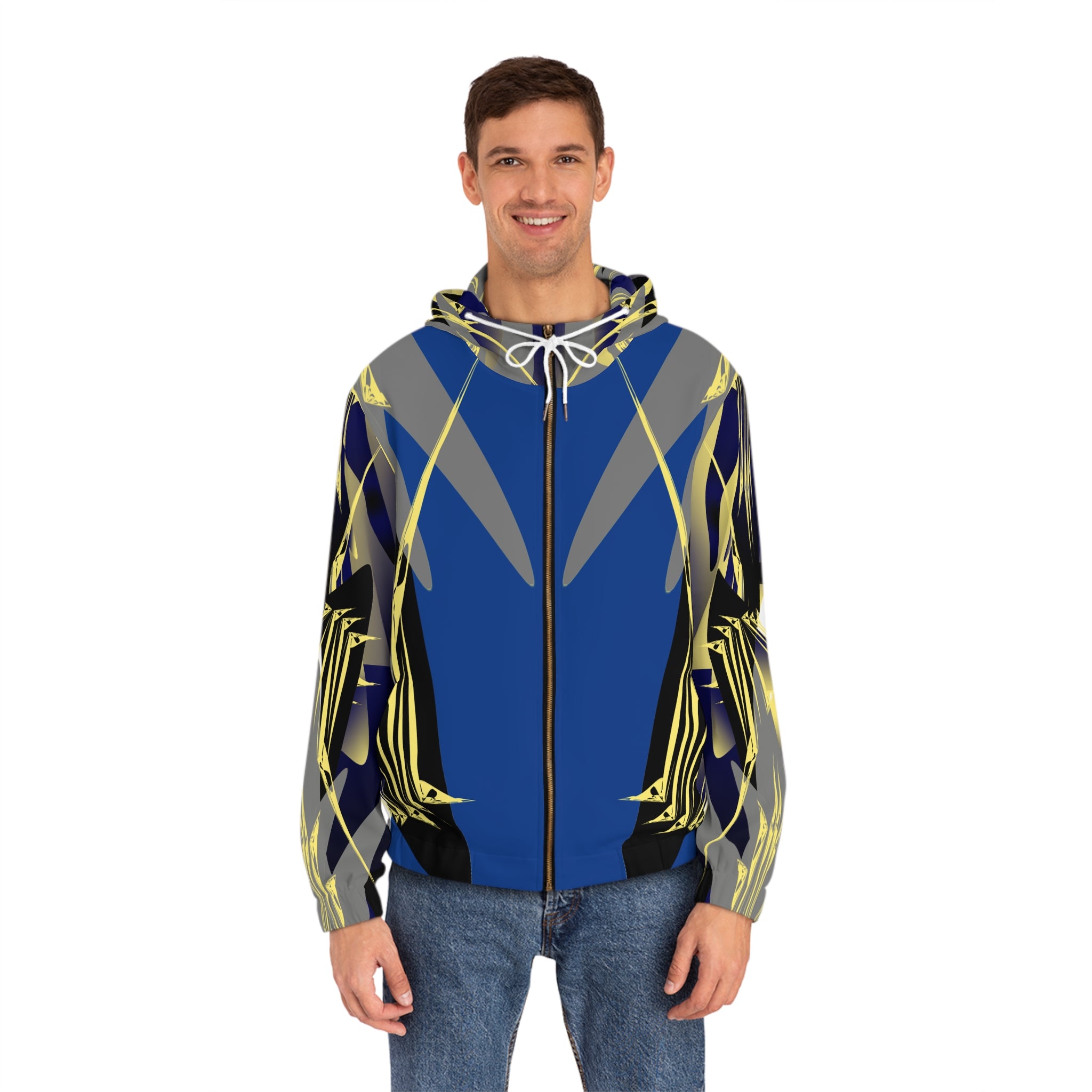 Men's Geometric Blue & Gold Full-Zip Hoodie — Abstract Symmetry AOP
