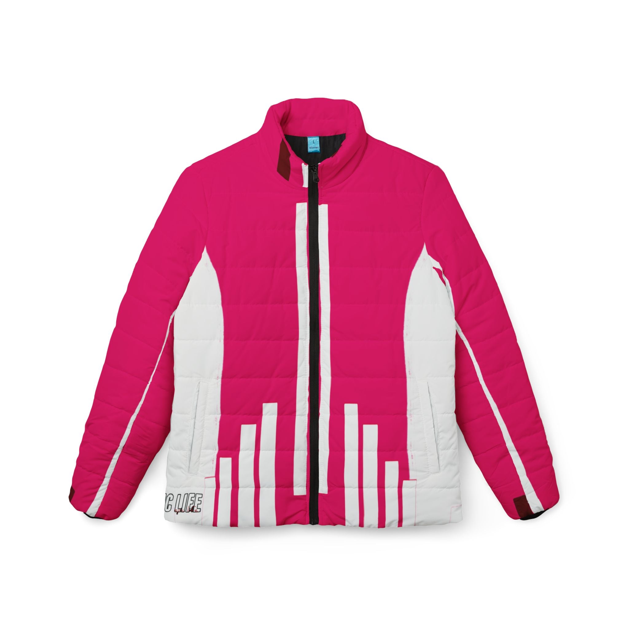 Pink Barcode Puffer Jacket — Women’s Quilted Winter Coat