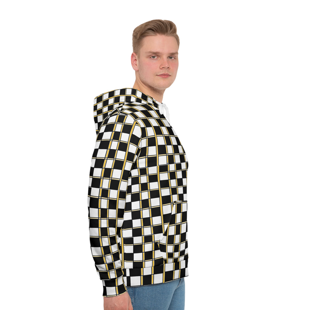 Checkerboard Gold-Trim Hoodie — Black & White Geometric All-Over Print