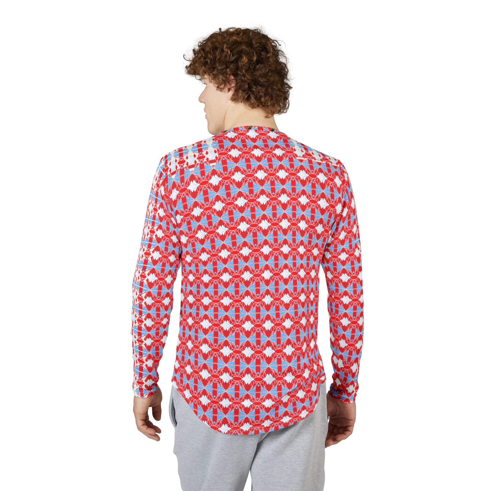 Men's Red Geometric UV Protection Long Sleeve Shirt — All-Over Print