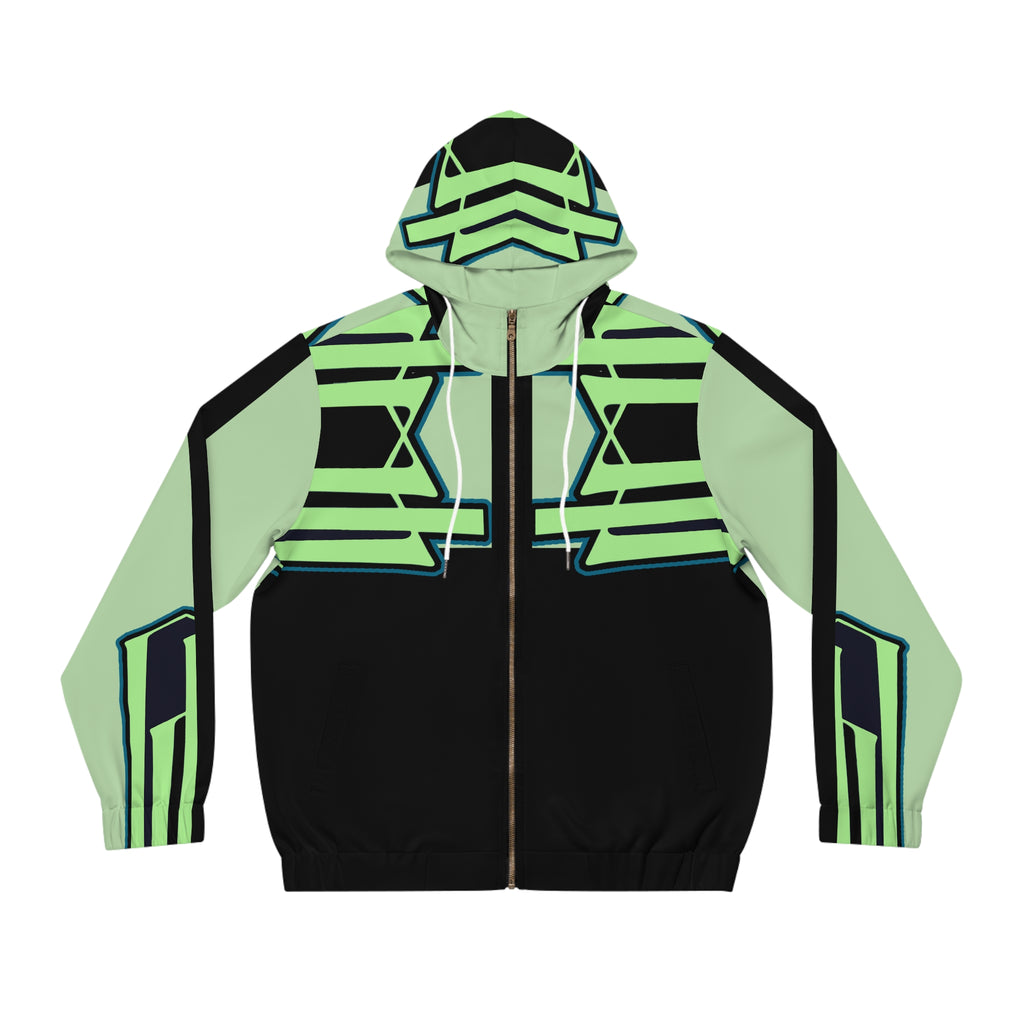 Neon Geo Stripe Full-Zip Hoodie — Men's Futuristic Graphic Zip-Up