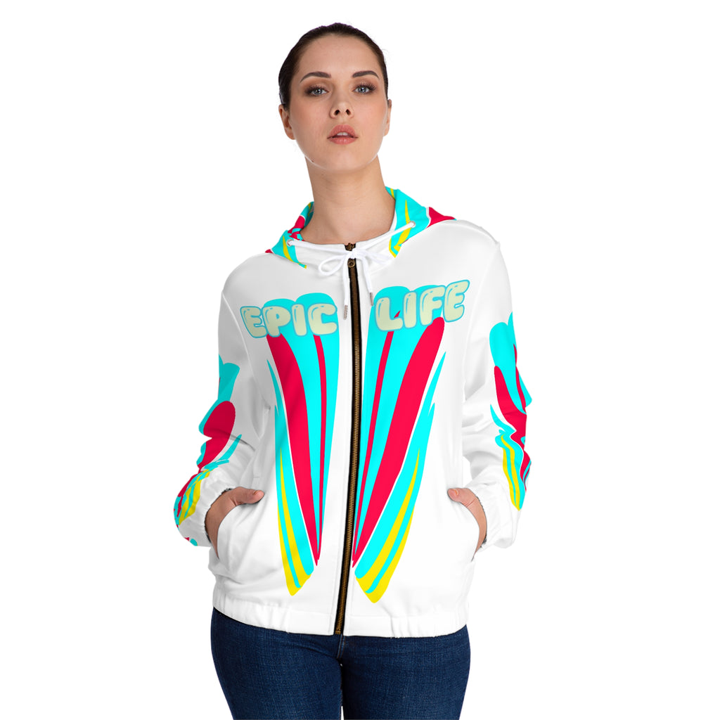 Epic Life Women’s Full-Zip Hoodie — Bright Retro Graphic AOP