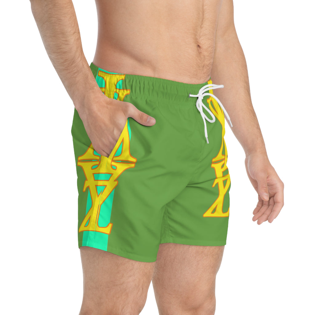 Tropical Green Swim Trunks with Bold Gold Nautical Motif