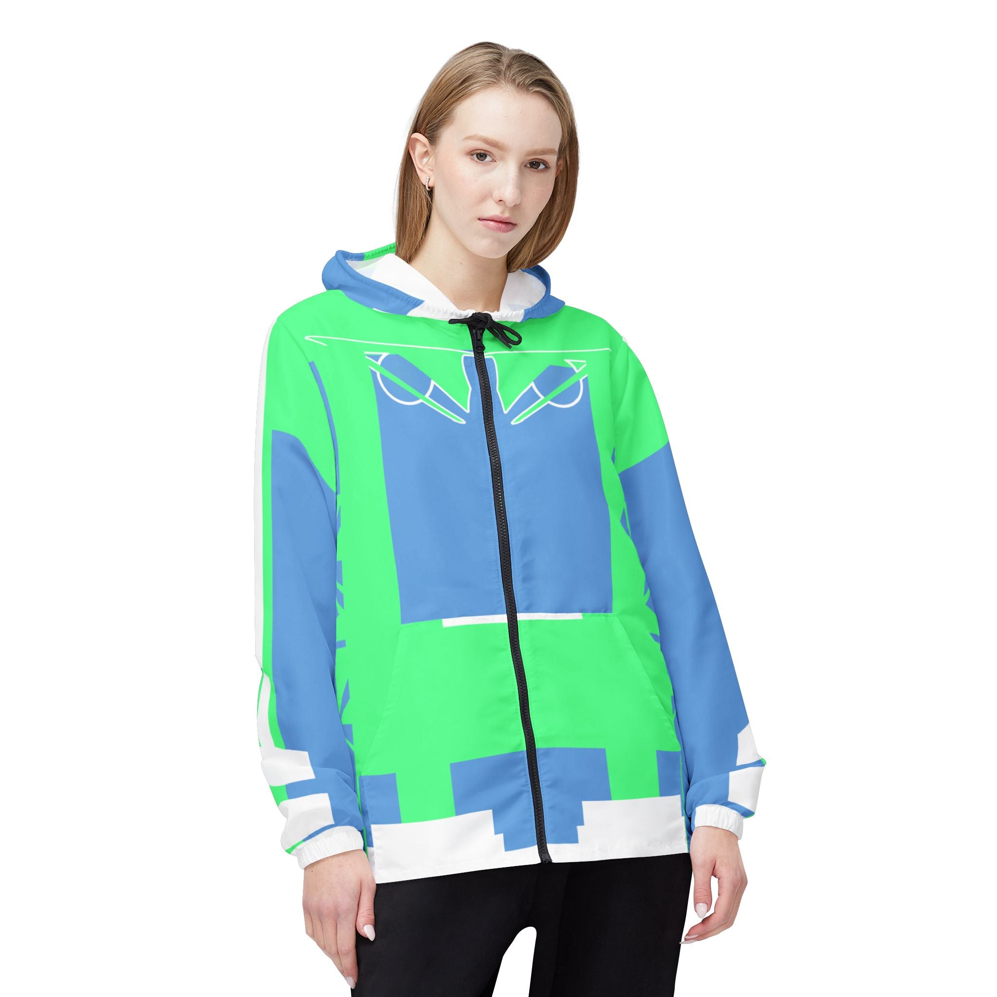 Neon Geometric Windbreaker Jacket — Blue & Lime All-Over Print