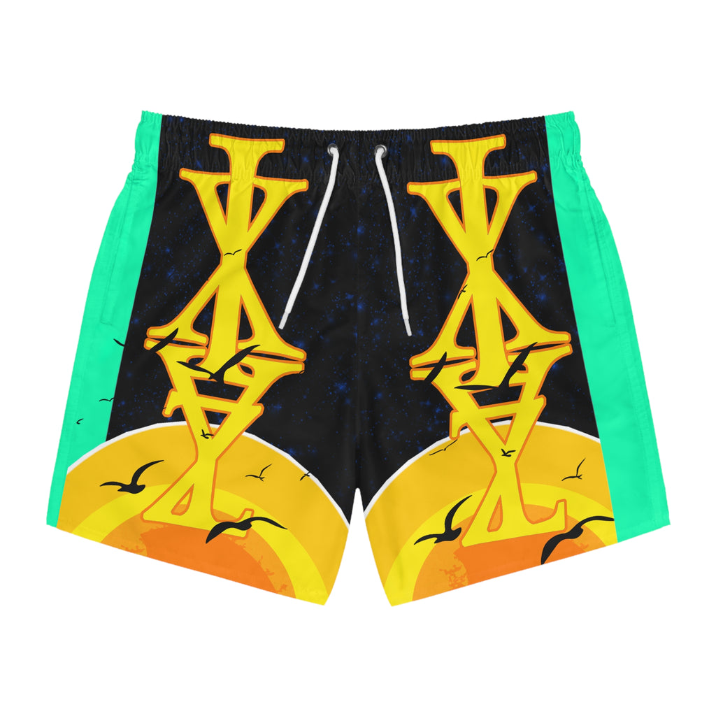 Sunset Glyph Swim Trunks — Tropical Beach Swim Shorts
