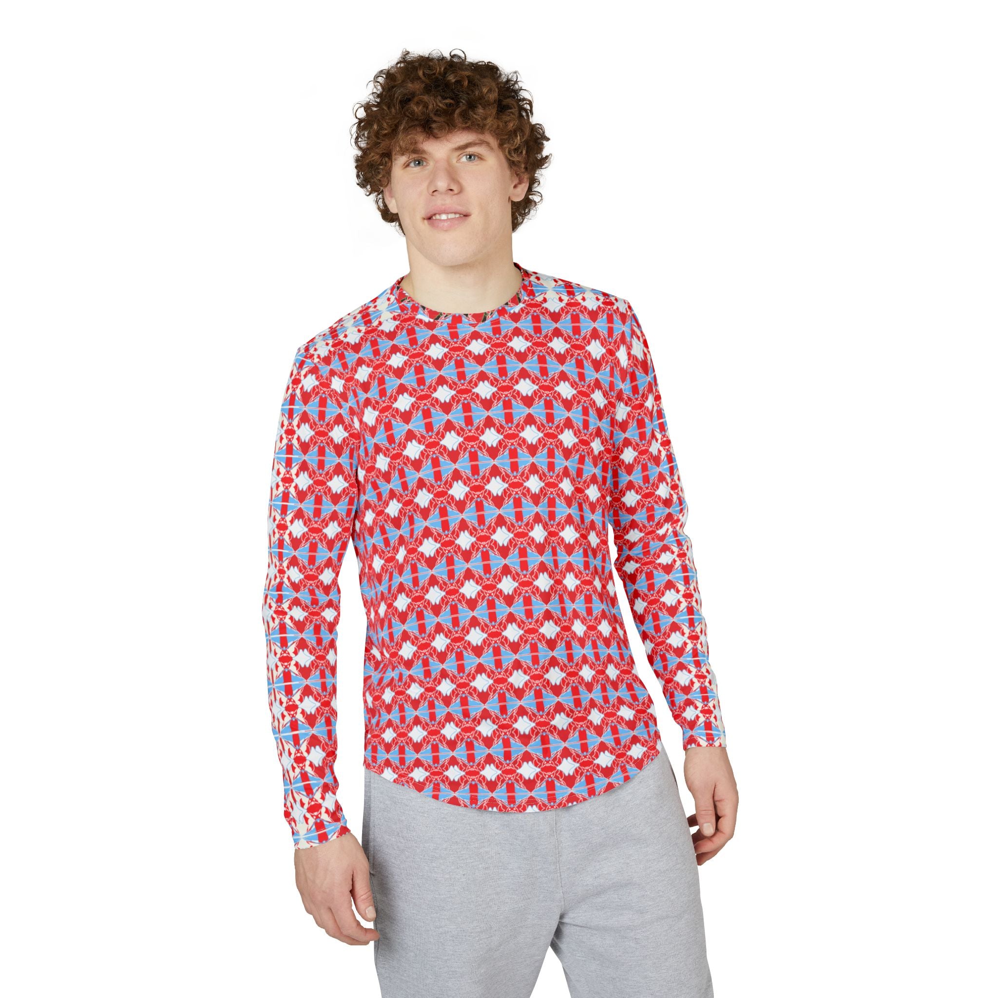 Men's Red Geometric UV Protection Long Sleeve Shirt — All-Over Print