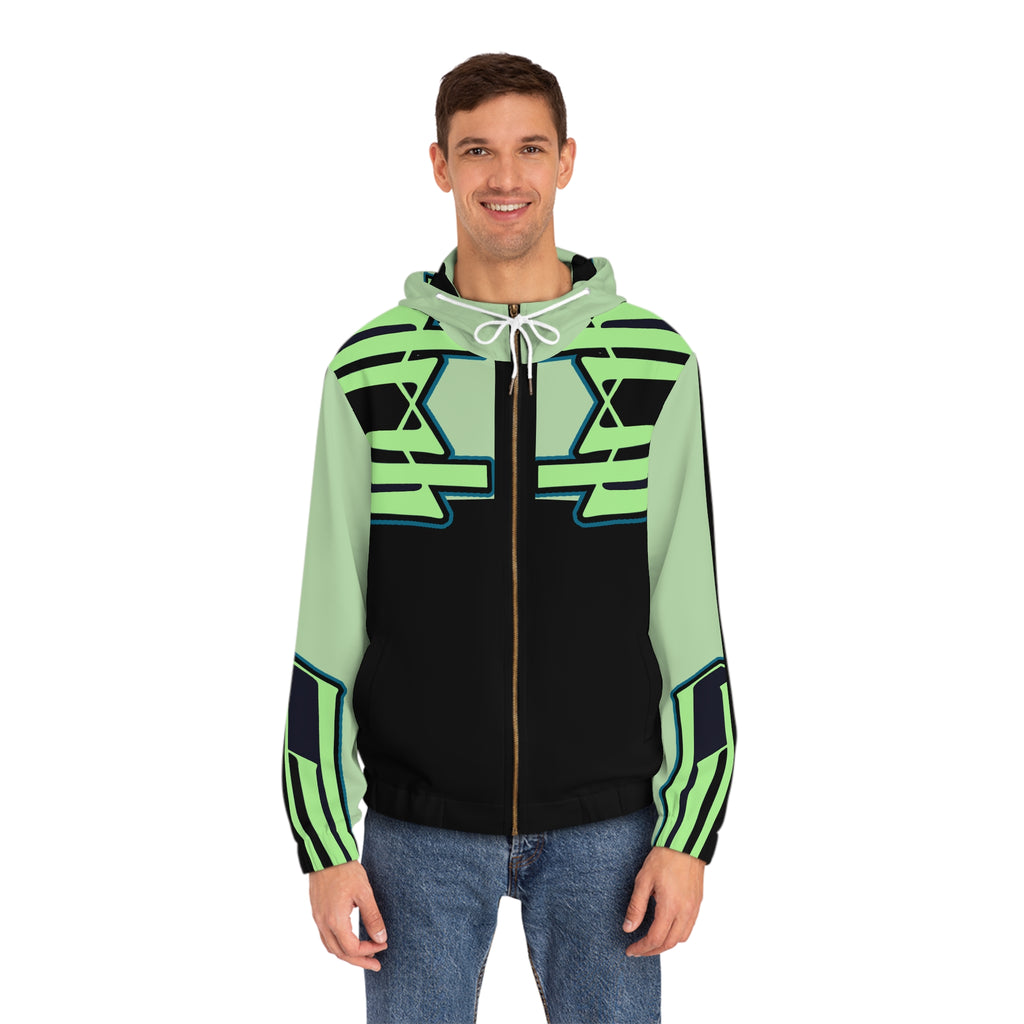 Neon Geo Stripe Full-Zip Hoodie — Men's Futuristic Graphic Zip-Up