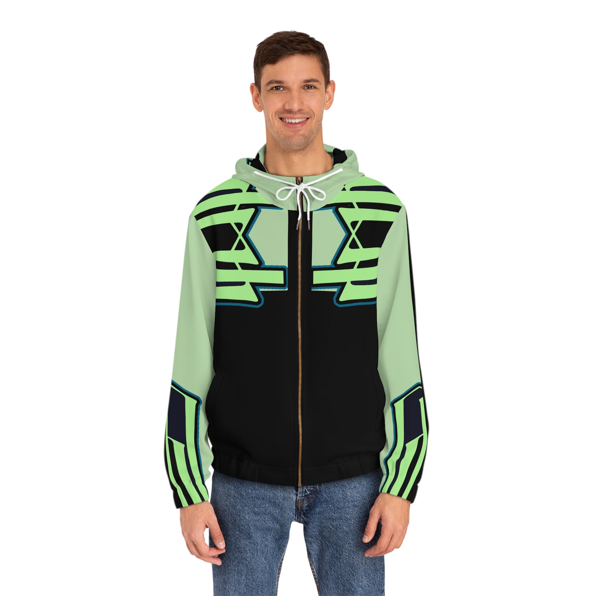Neon Geo Stripe Full-Zip Hoodie — Men's Futuristic Graphic Zip-Up