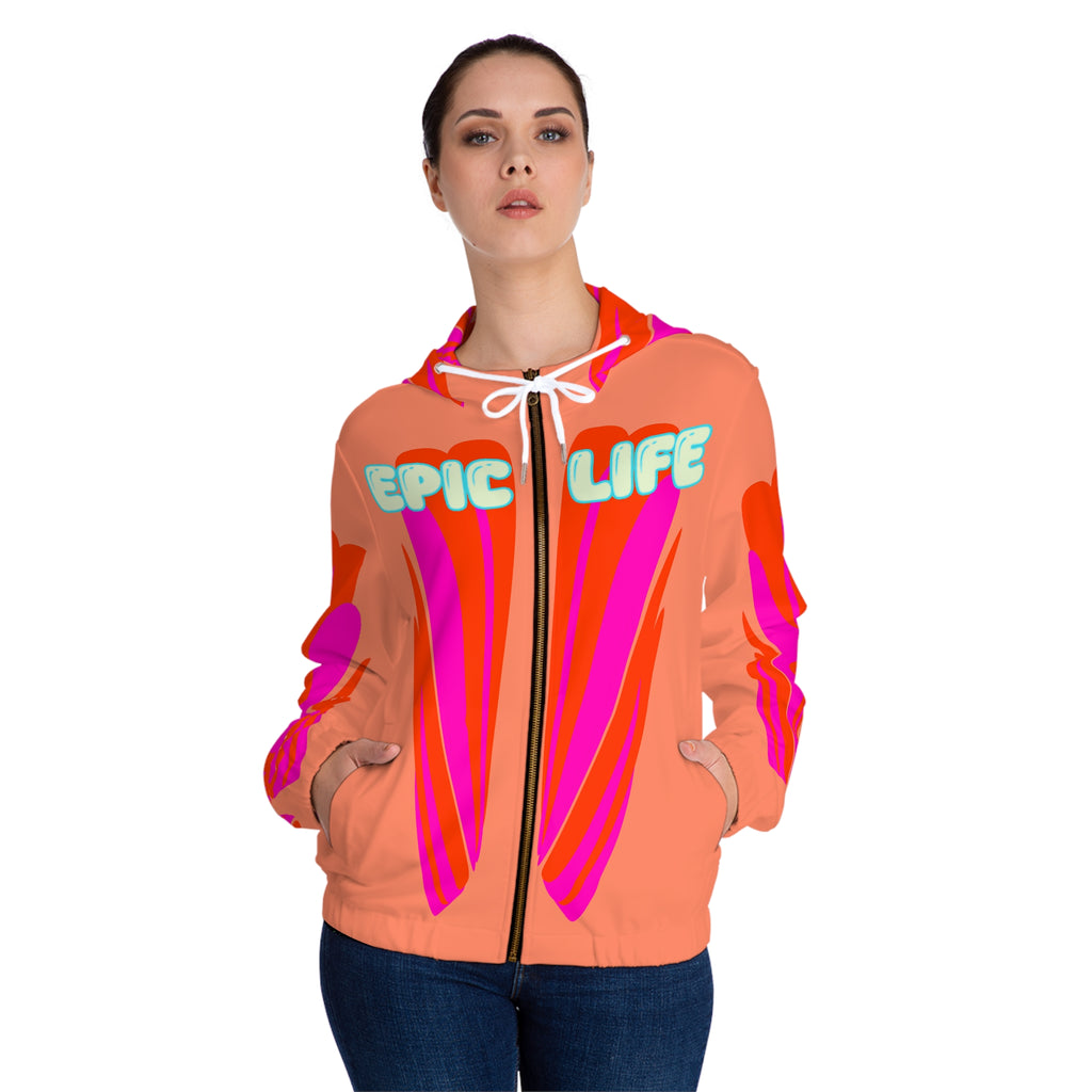 Epic Life Women’s Zip Hoodie — Bold Coral Pop Art All-Over Print
