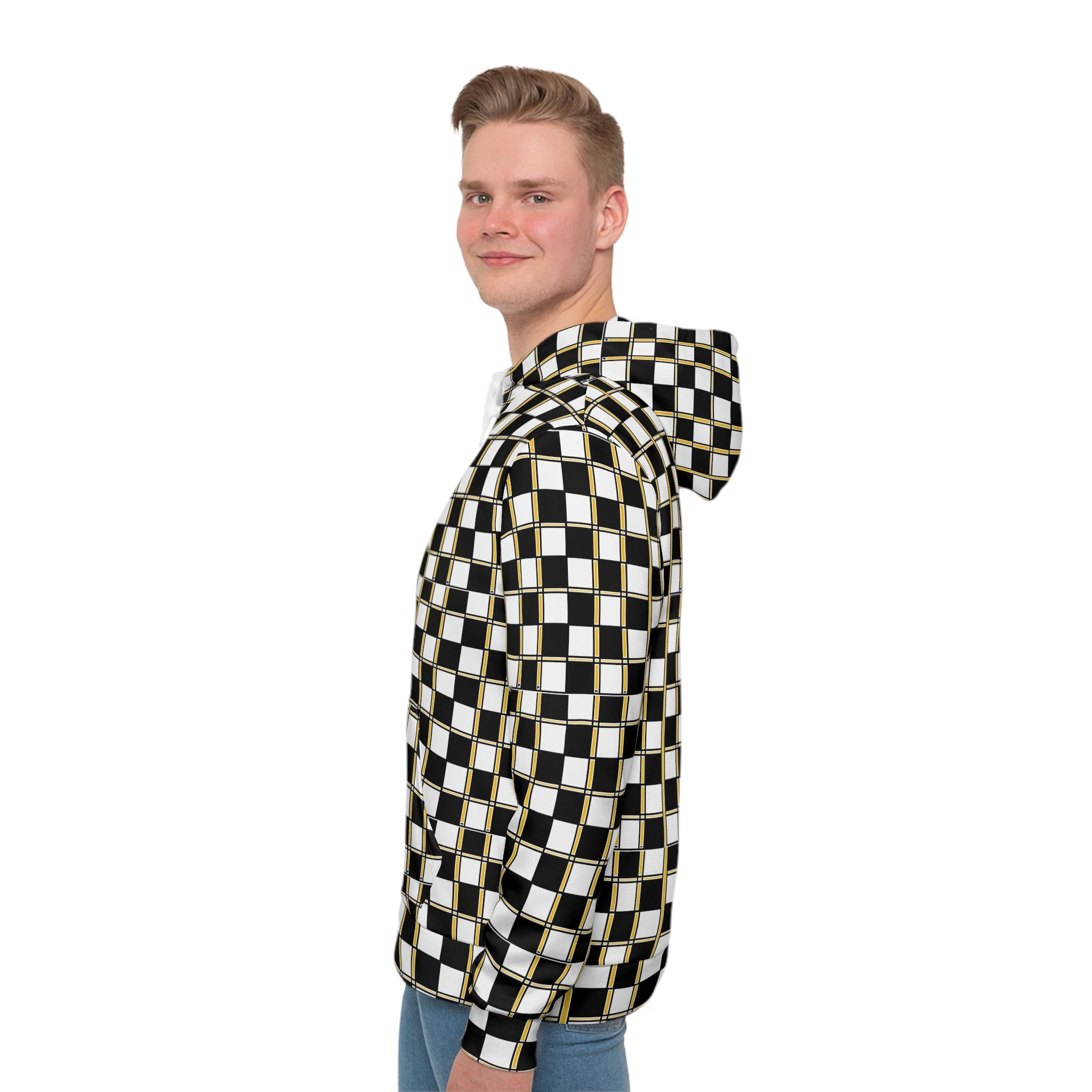 Checkerboard Gold-Trim Hoodie — Black & White Geometric All-Over Print