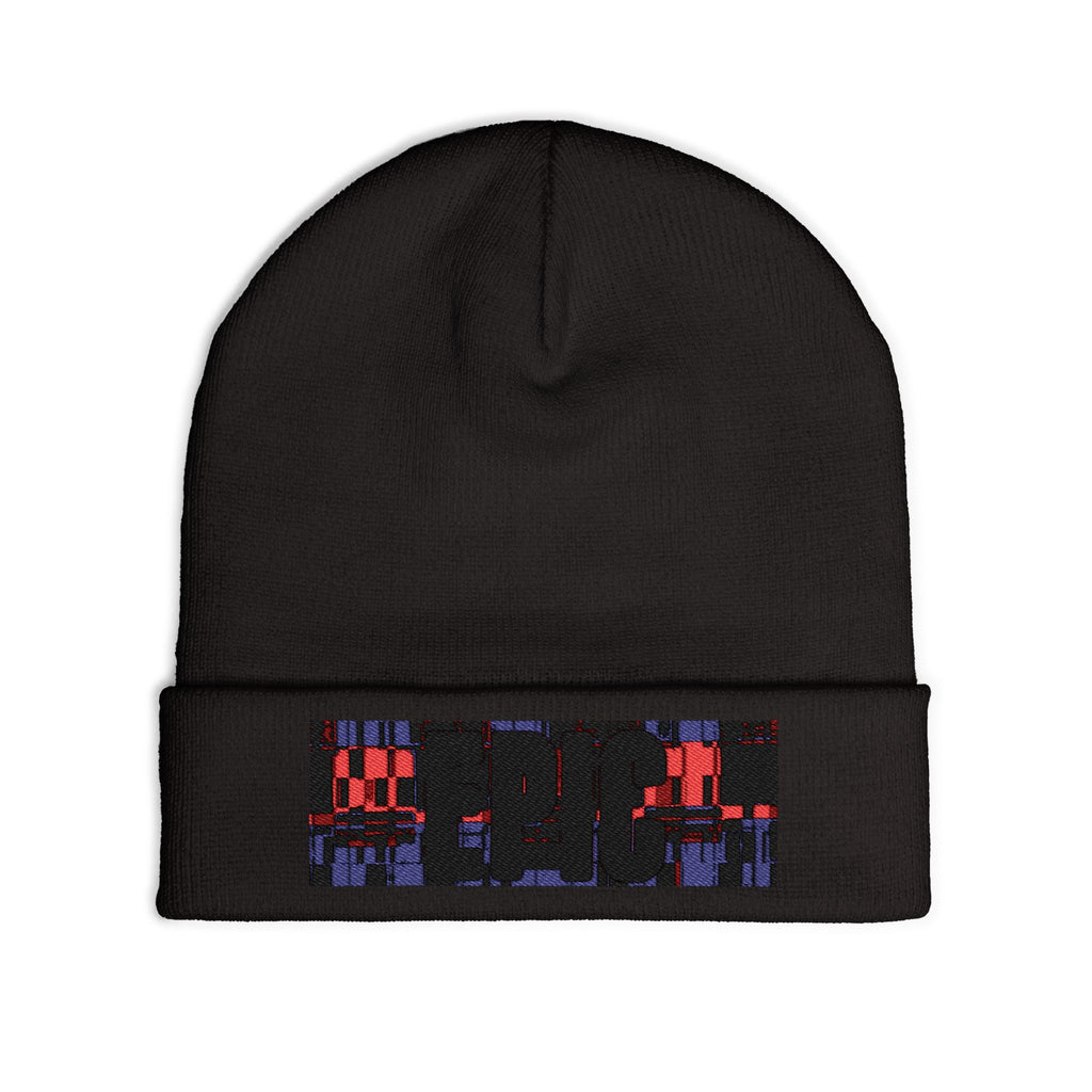 Embroidered Pixel City Knit Beanie — Urban Nightscape Winter Hat
