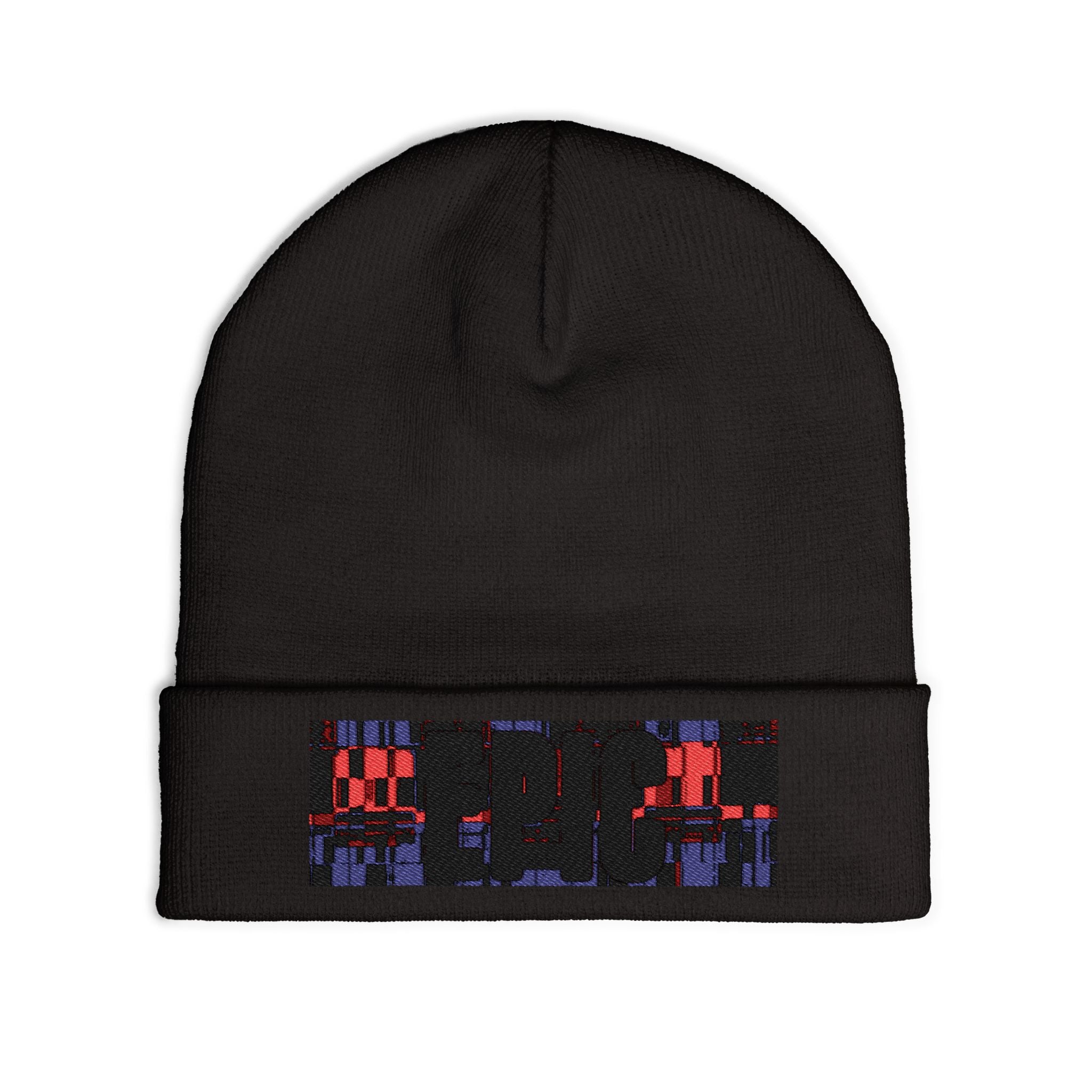 Embroidered Pixel City Knit Beanie — Urban Nightscape Winter Hat