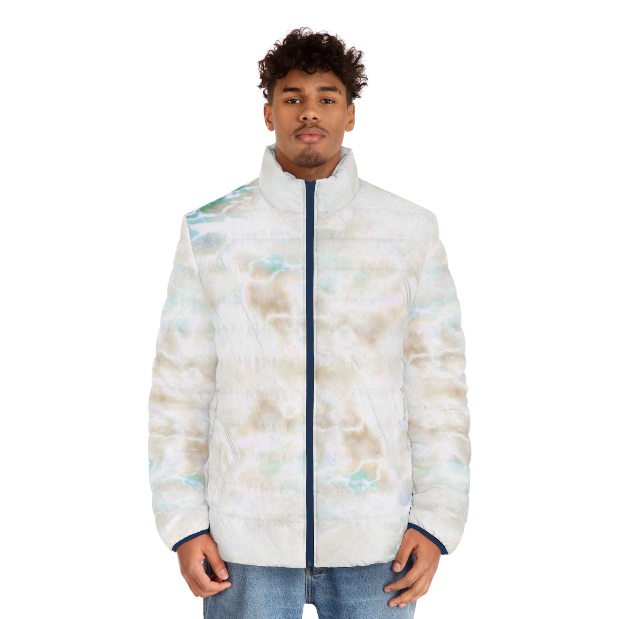 Marble Cloud Puffer Jacket — Men's Lightweight All-Over Print Coat