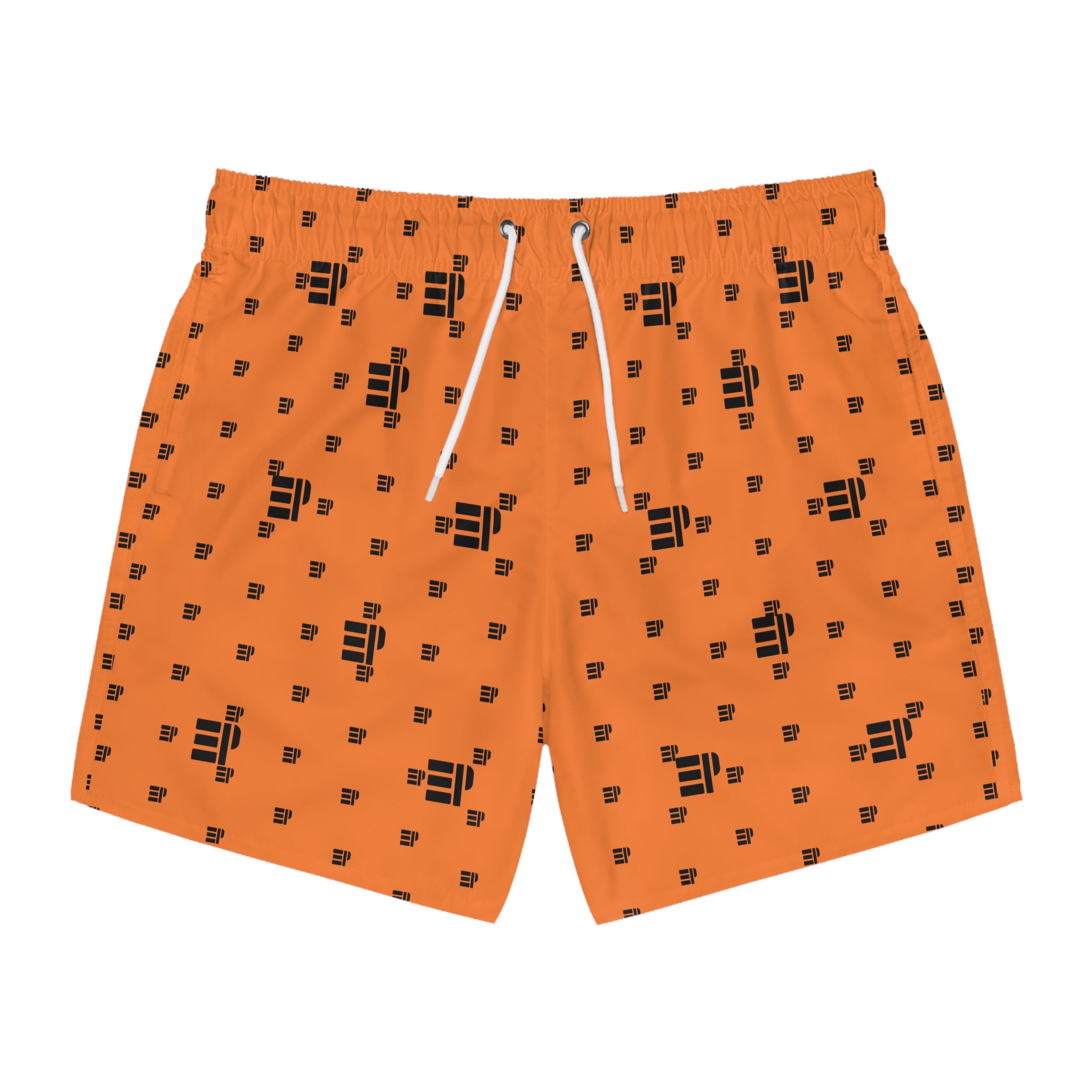 Orange Logo Pattern Swim Trunks – All-Over Print Beach Shorts