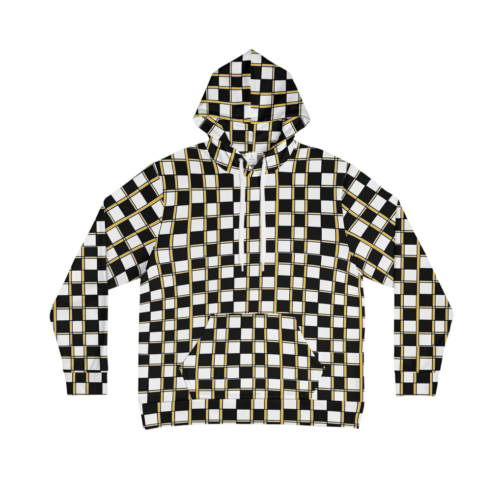 Checkerboard Gold-Trim Hoodie — Black & White Geometric All-Over Print