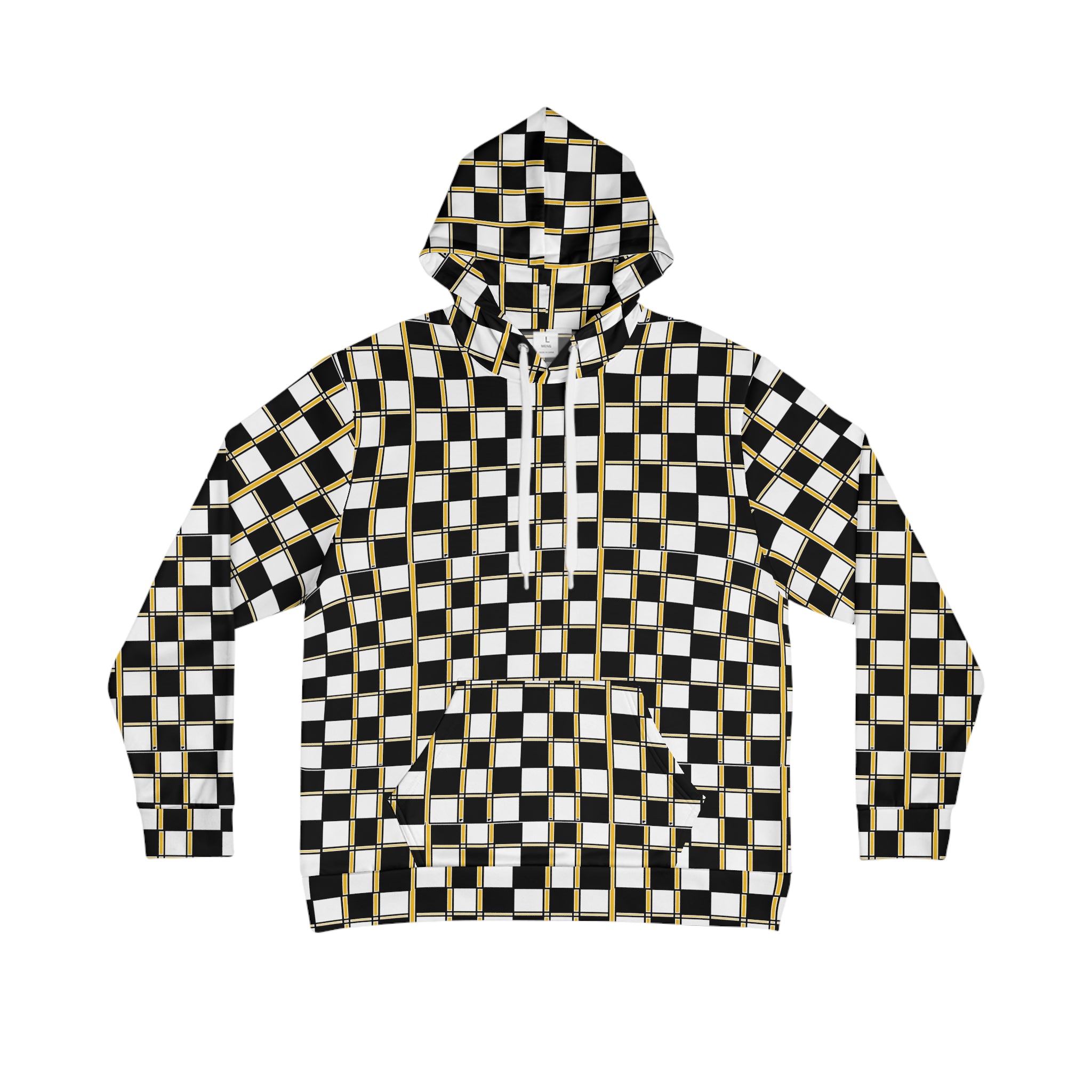 Checkerboard Gold-Trim Hoodie — Black & White Geometric All-Over Print