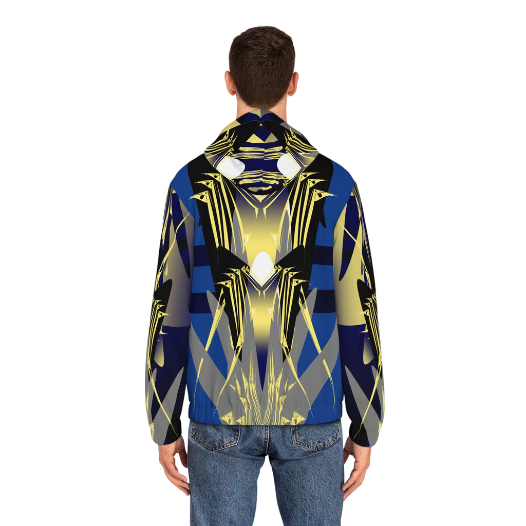 Men's Geometric Blue & Gold Full-Zip Hoodie — Abstract Symmetry AOP