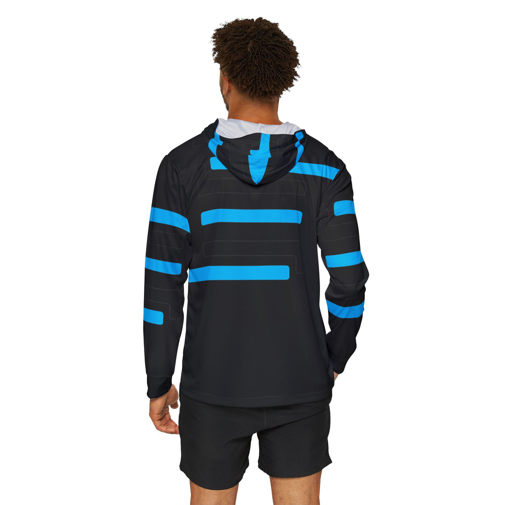 Men’s Black Athletic Hoodie with Electric Blue Stripe Design