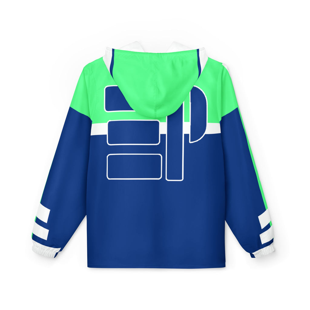 Neon Geo Windbreaker Jacket — Blue & Lime All-Over Print Hoodie