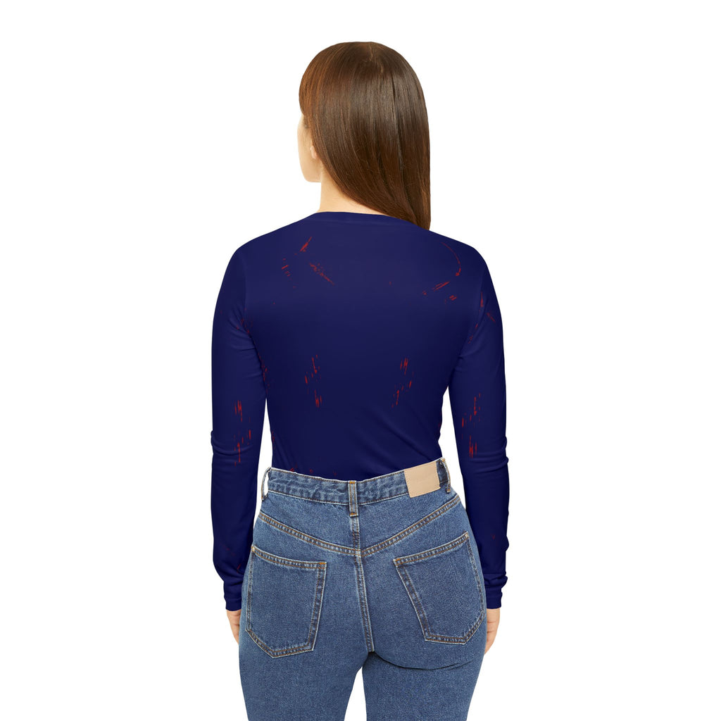 Navy V-Neck Long Sleeve Shirt — Women's Subtle Red Splatter AOP