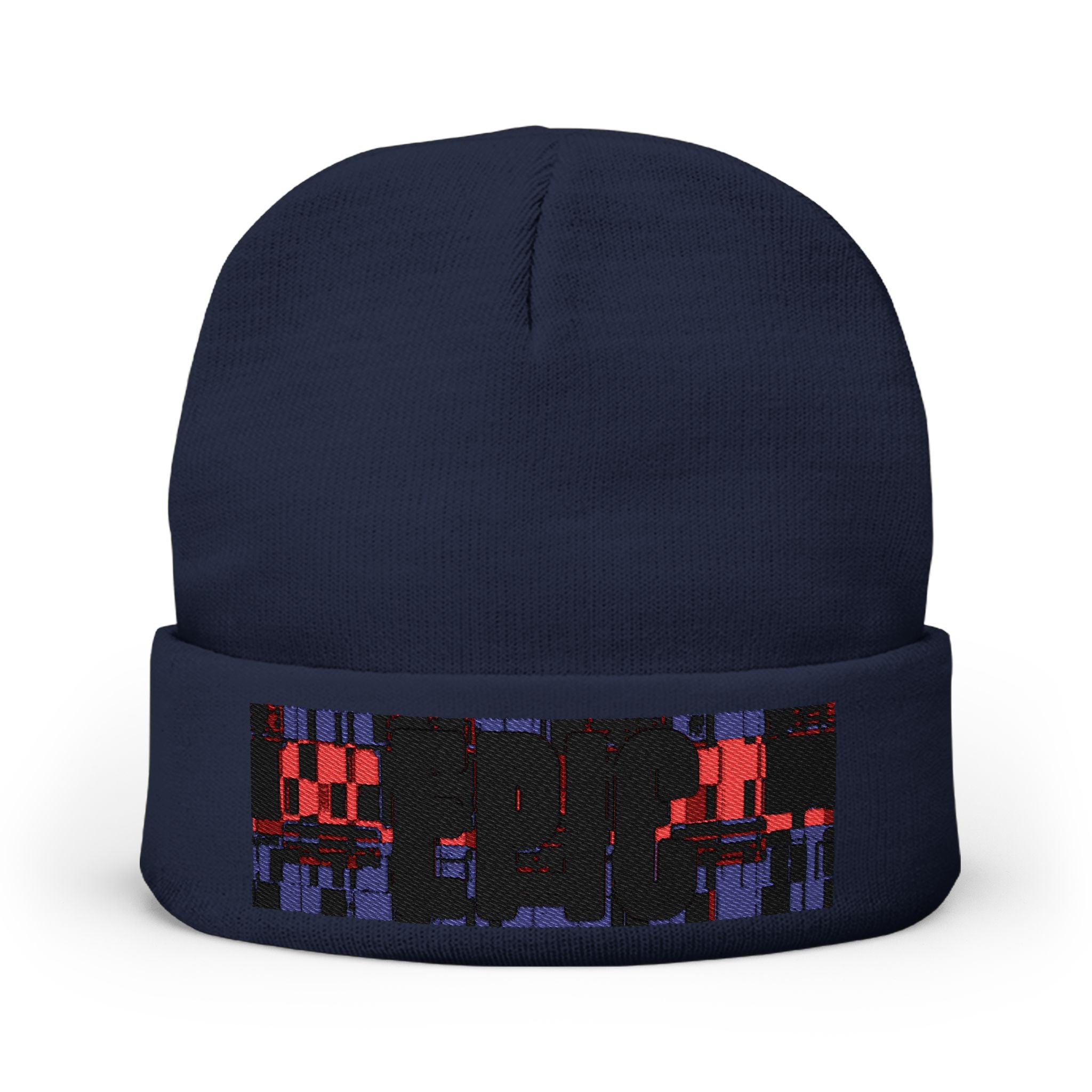 Embroidered Pixel City Knit Beanie — Urban Nightscape Winter Hat