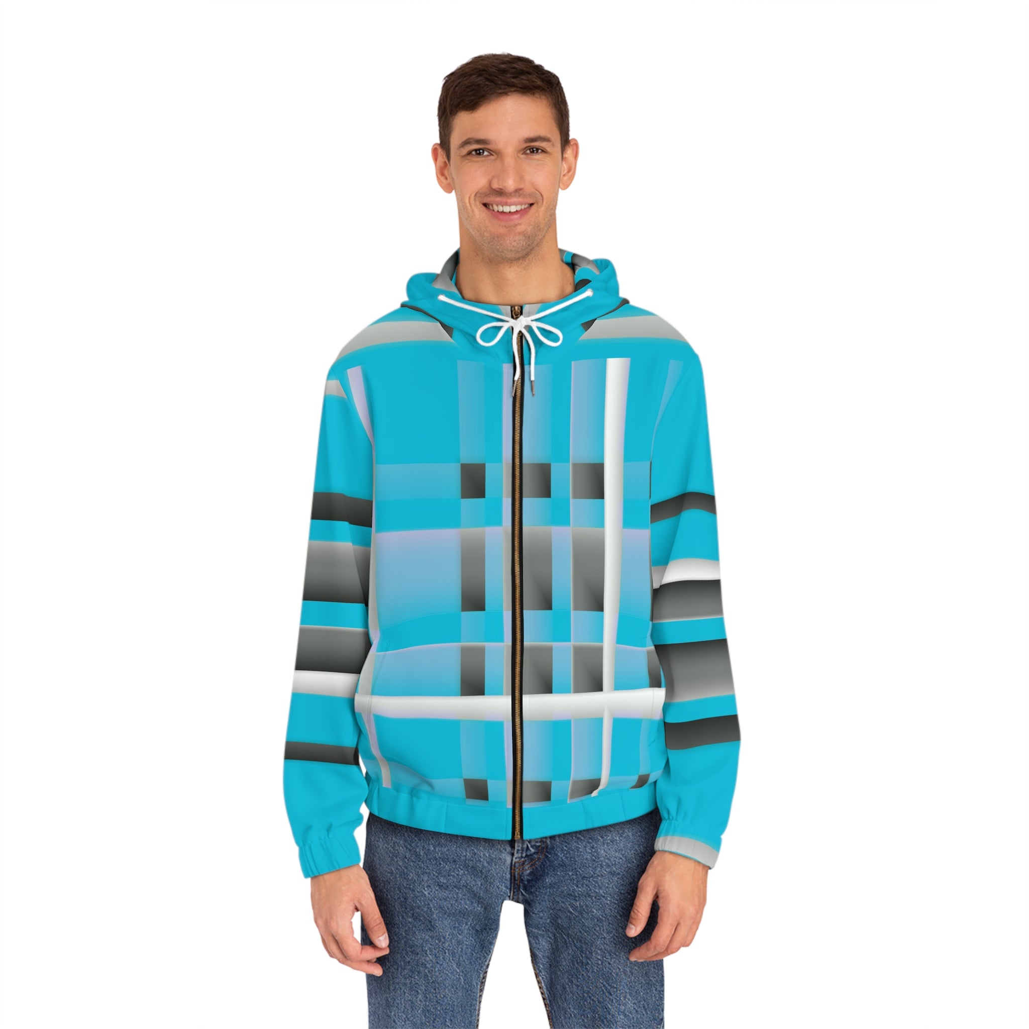 Turquoise Geometric Plaid Full-Zip Hoodie