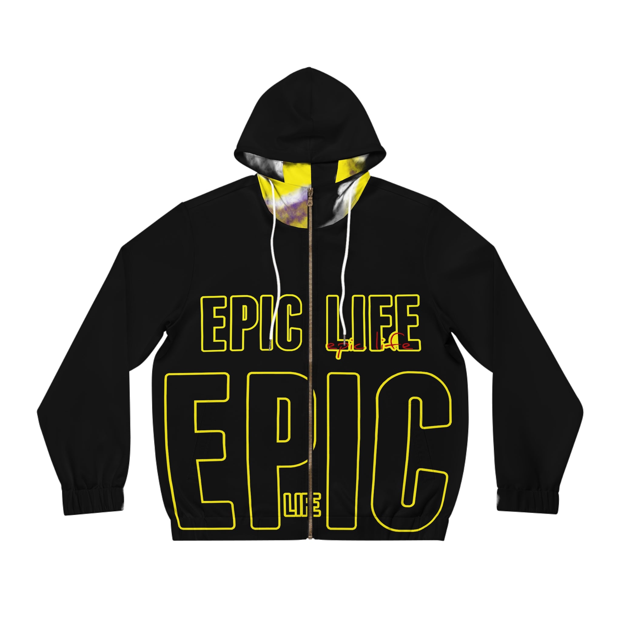 Epic Life Full-Zip Hoodie — Bold Black & Yellow Graphic Zip-Up