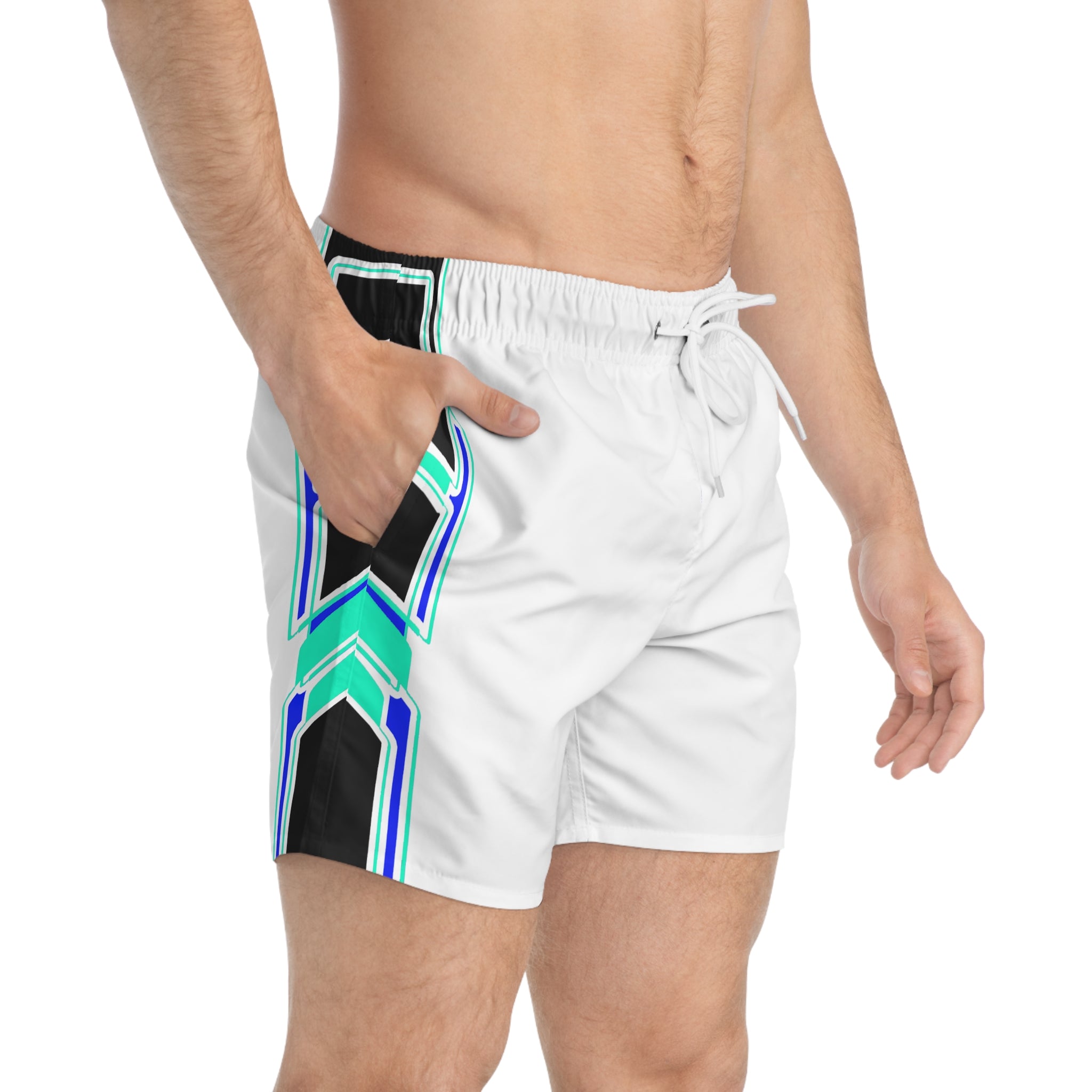 Geometric Neon Stripe Swim Trunks — White Teal Blue AOP Boardshorts