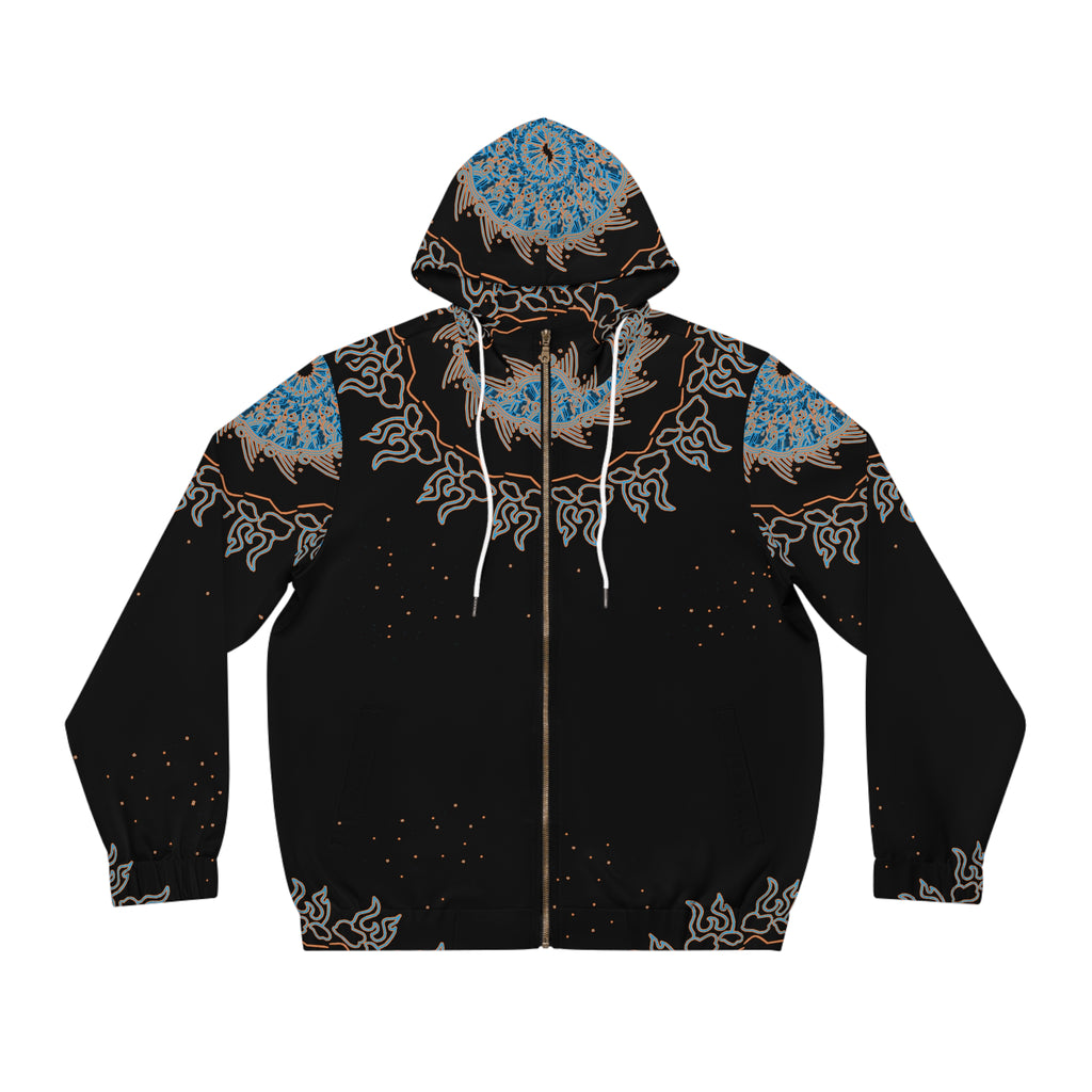 Celestial Mandala Zip Hoodie — Black & Sky Blue All-Over Print