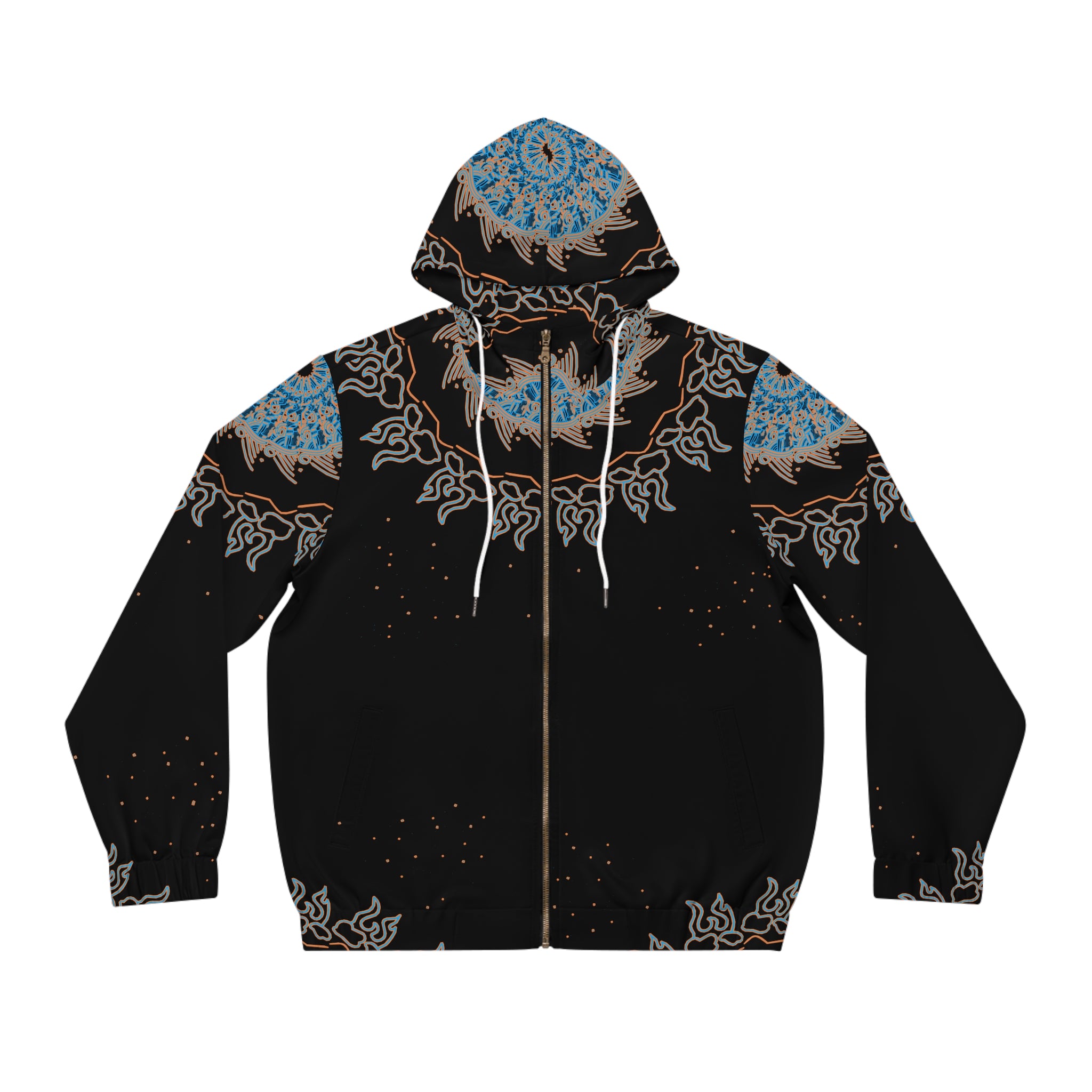 Men's Black Zip Hoodie with Blue Tribal Sun Mandala Print