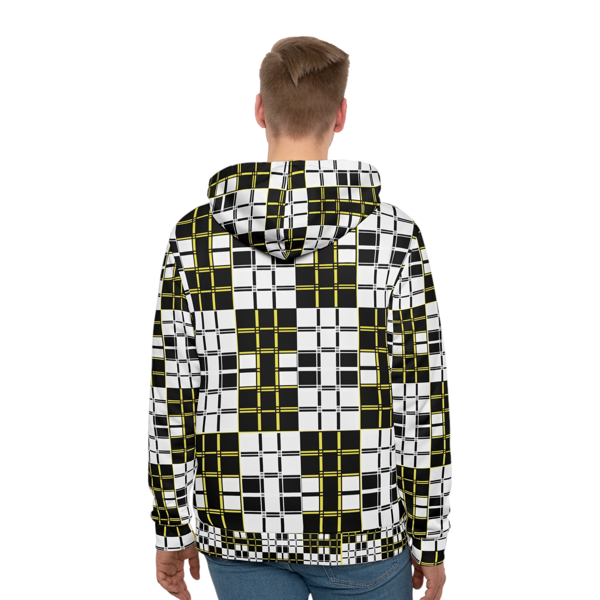 Checkerboard Grid Hoodie — Black, White & Olive Geometric All-Over Print