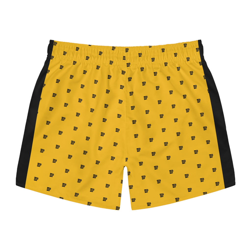 Yellow Retro Pattern Swim Trunks — Minimal Black Icon All-Over Print