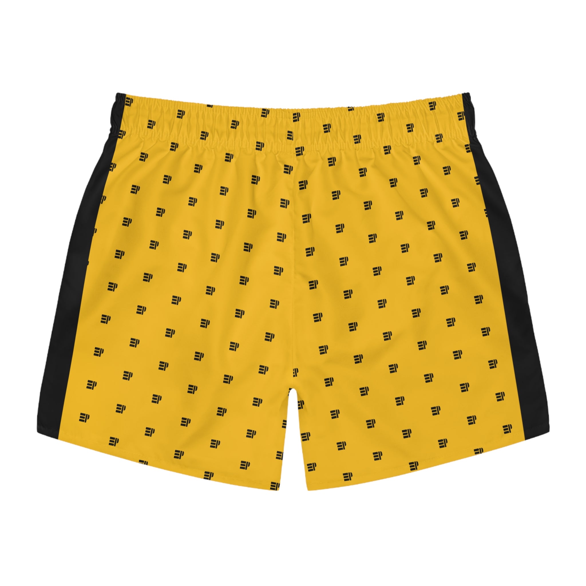 Yellow Retro Pattern Swim Trunks — Minimal Black Icon All-Over Print
