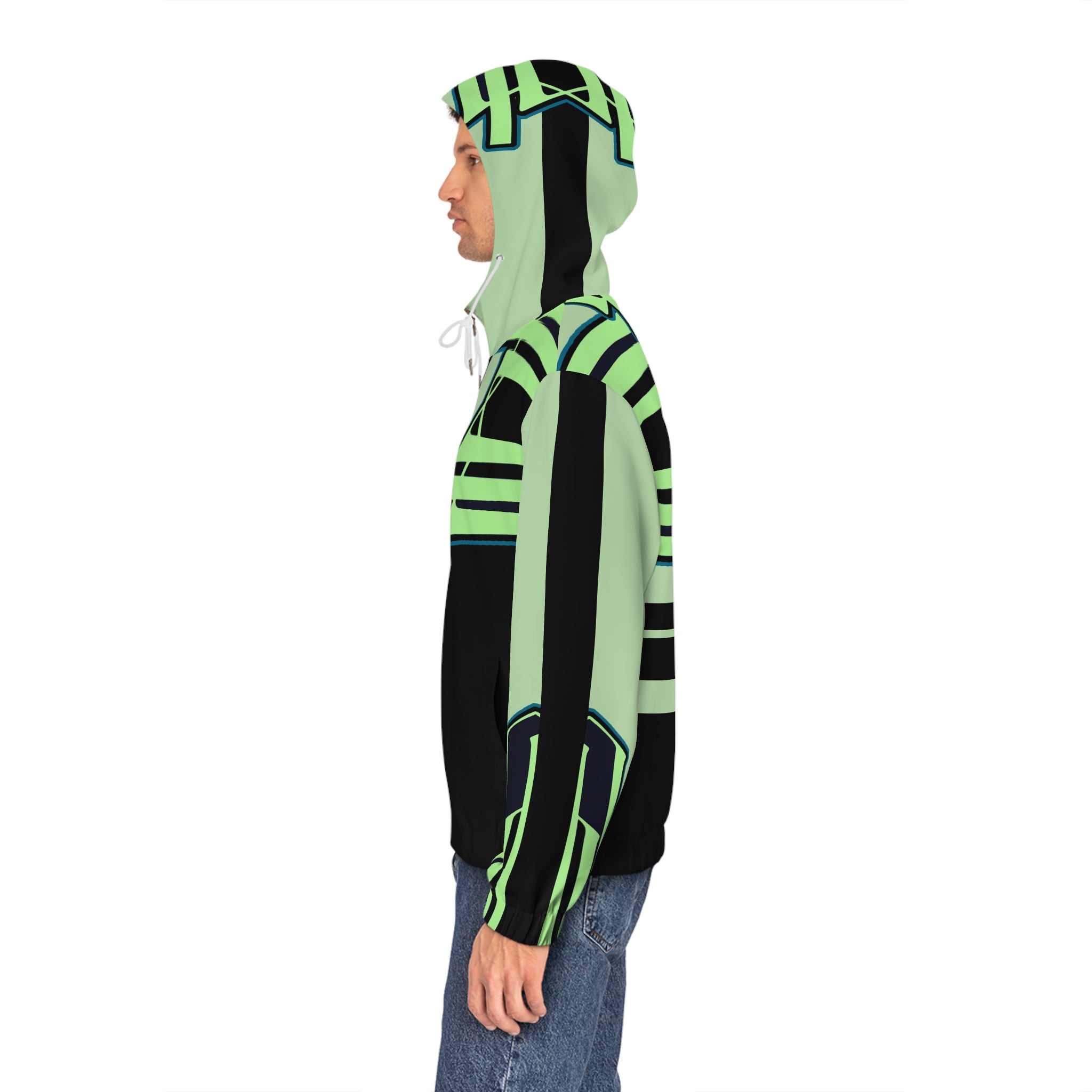 Neon Geo Stripe Full-Zip Hoodie — Men's Futuristic Graphic Zip-Up