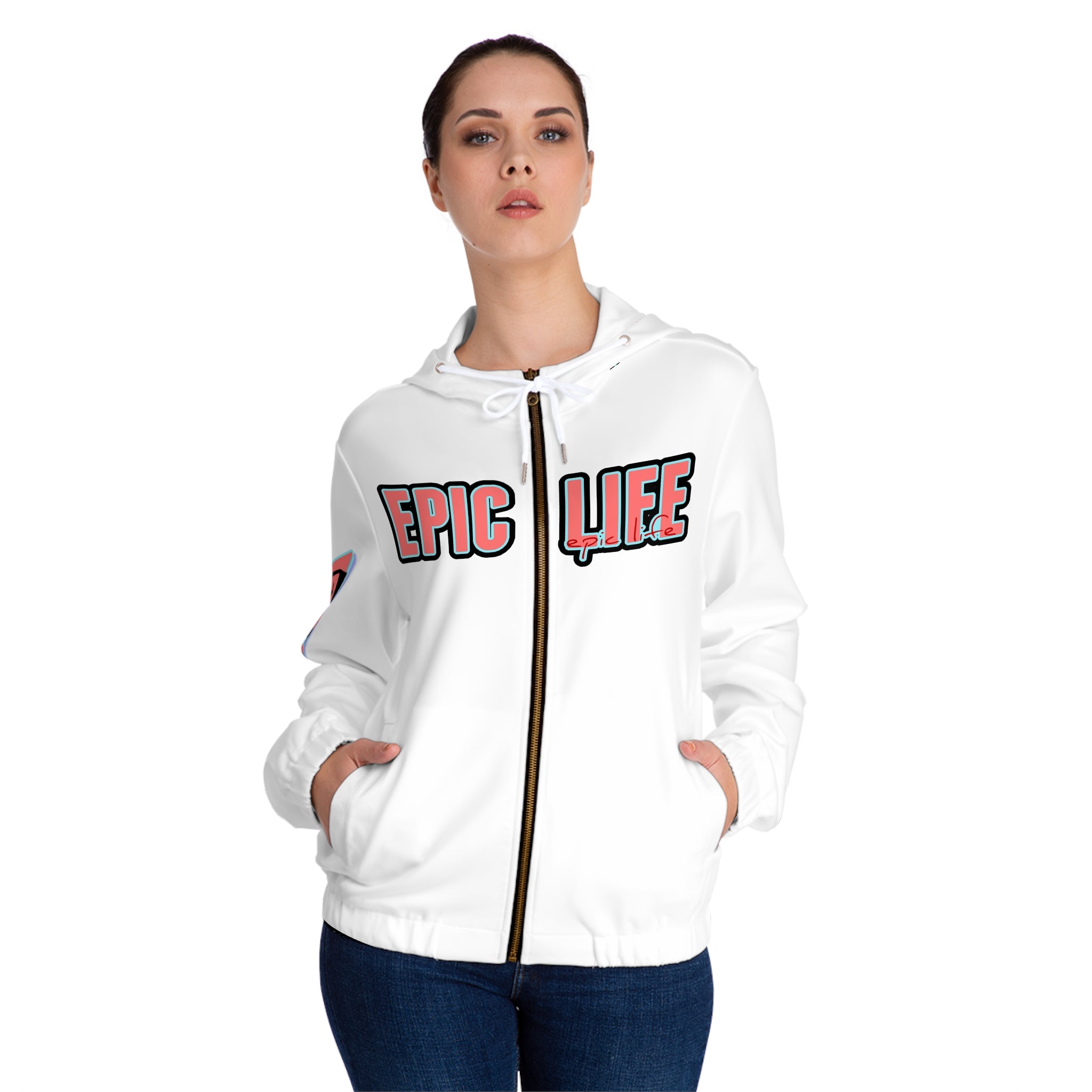 Epic Life Women’s Full-Zip Hoodie — Bold Graphic AOP Zip-Up