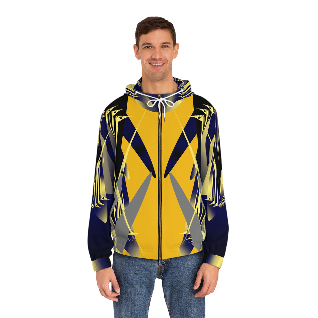 Men's Geometric Yellow & Navy Full-Zip Hoodie — Abstract Athletic AOP Jacket