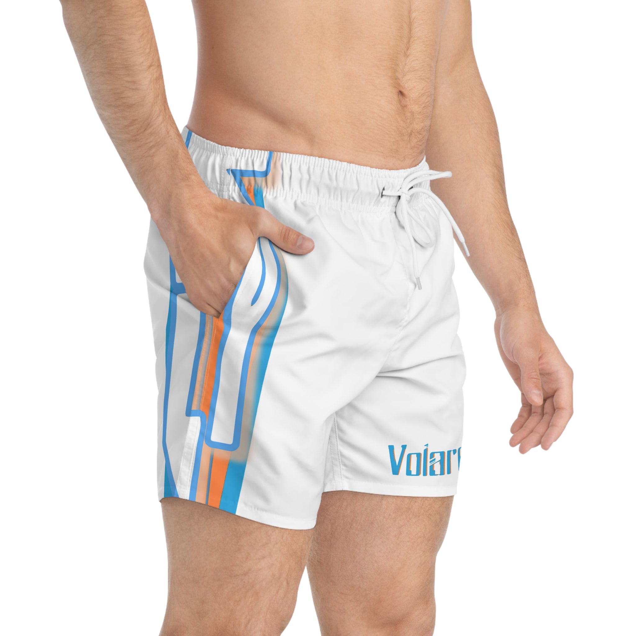 Volare White Swim Trunks — Retro Blue & Orange Side Logo All-Over Print