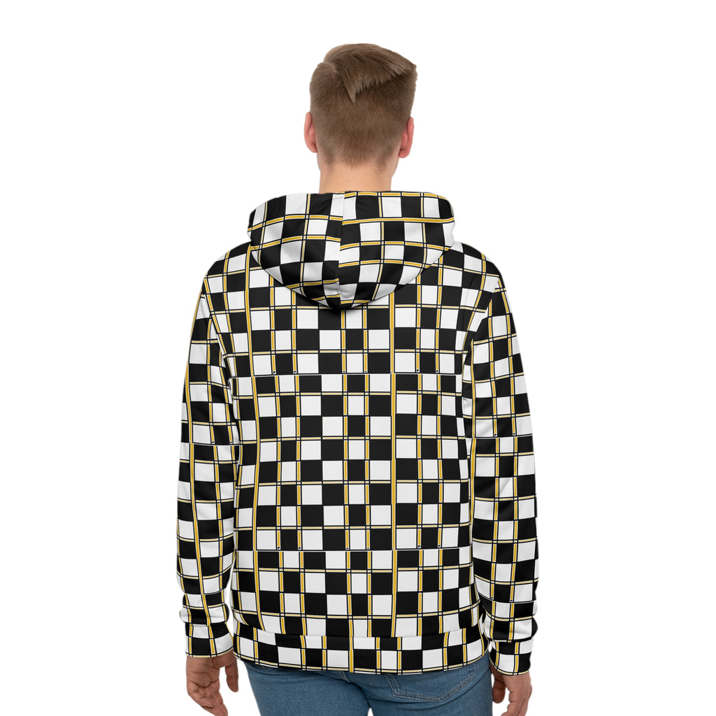 Checkerboard Gold-Trim Hoodie — Black & White Geometric All-Over Print