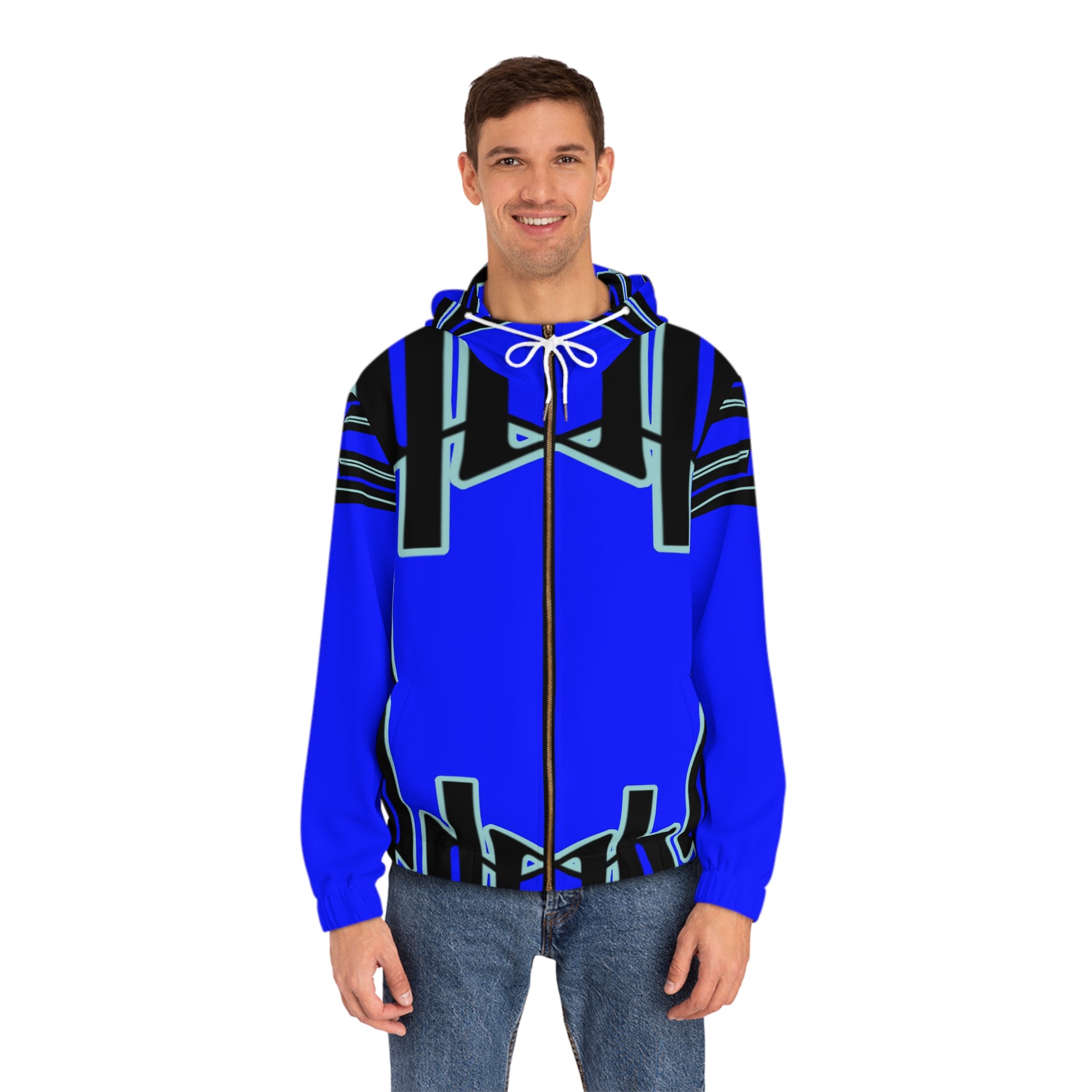 Blue Geometric Pattern Full‑Zip Hoodie — Bold Tribal Tech AOP Jacket