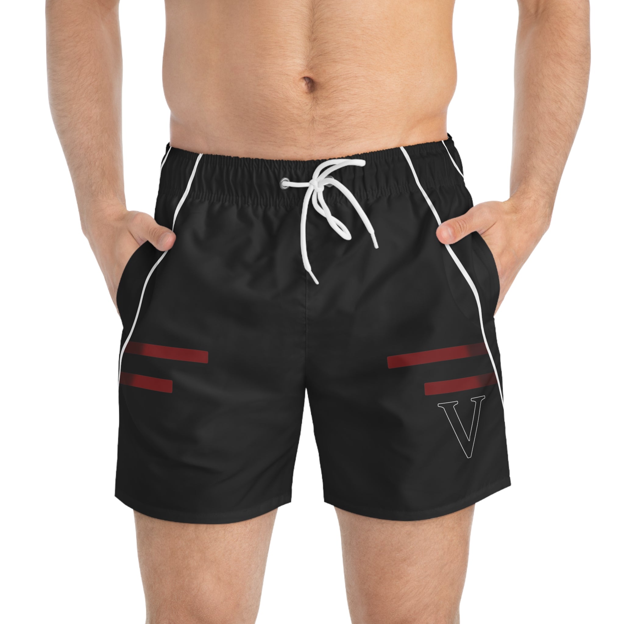 Men's V-Emblem Black Swim Trunks — Athletic Striped Beach Shorts