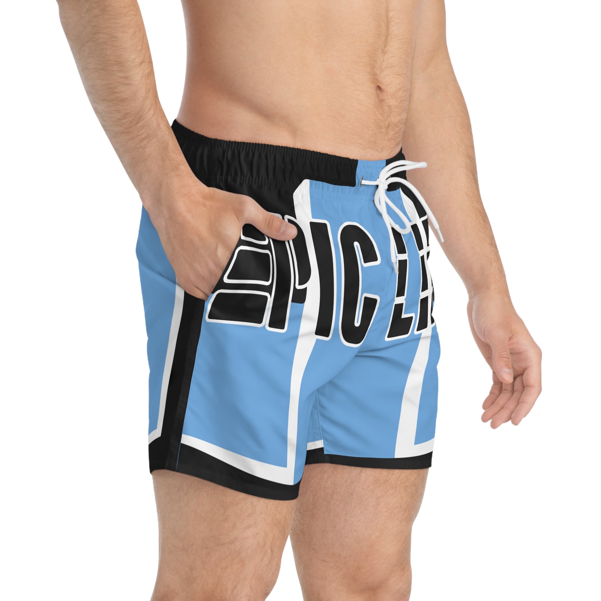 Epic Life Swim Trunks — Blue Graphic All-Over Print Beach Shorts