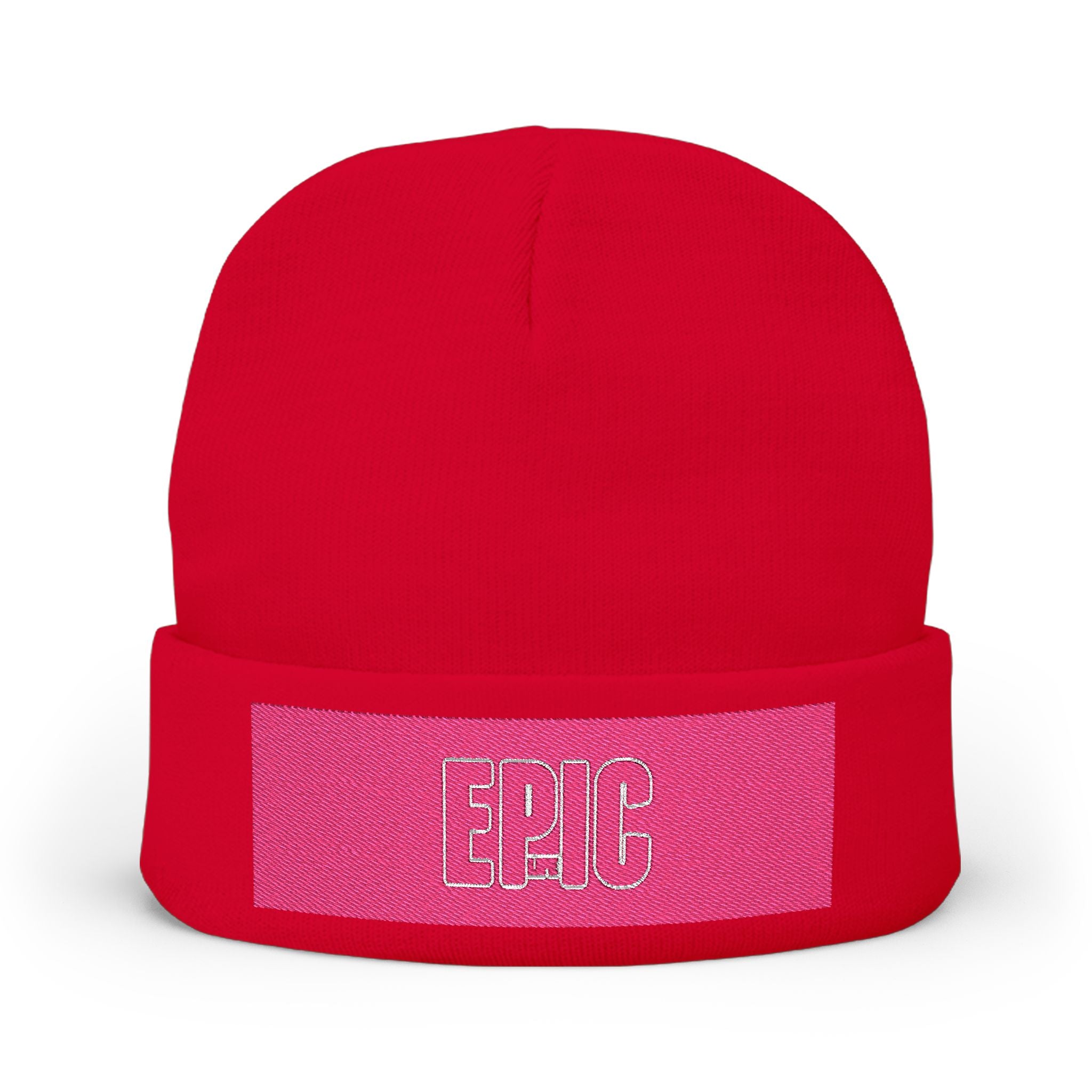 Embroidered 'EPIC' Knit Beanie - Pink Patch Winter Hat