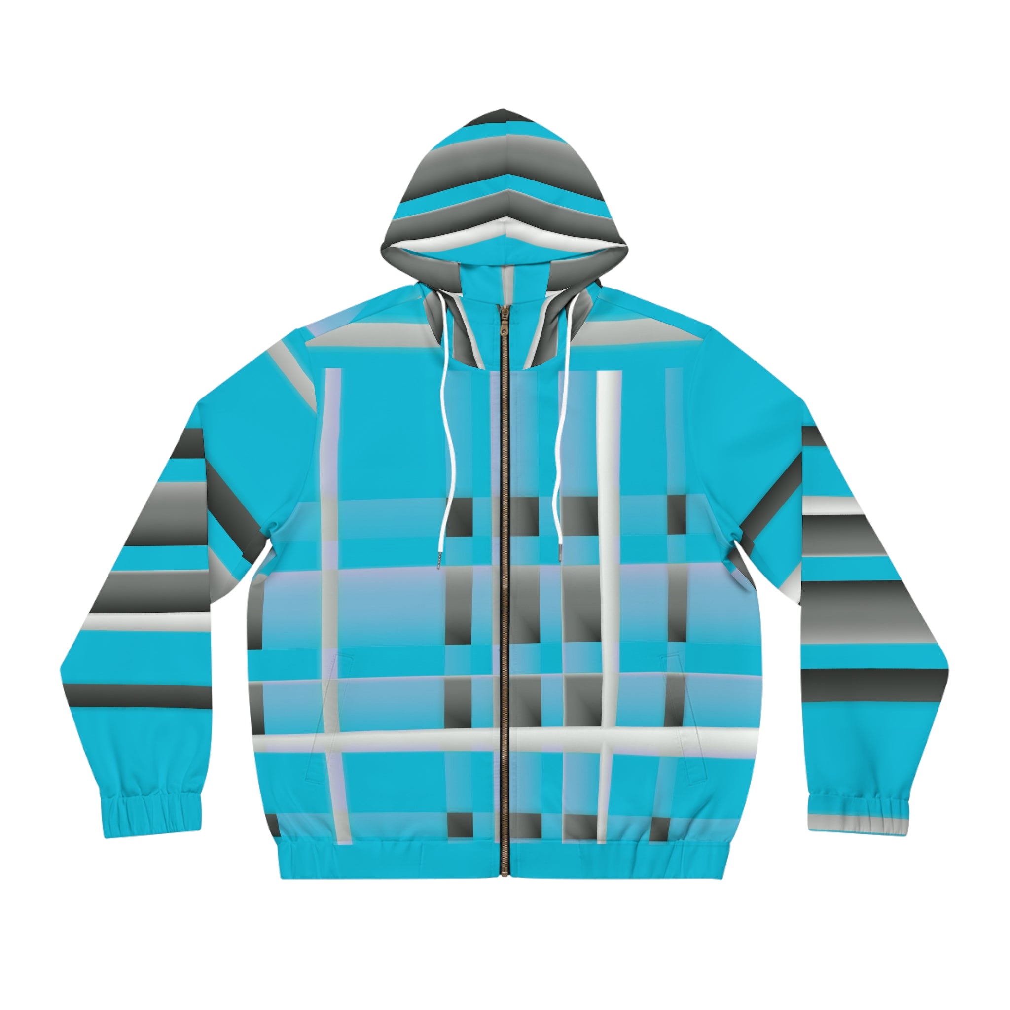 Turquoise Geometric Plaid Full-Zip Hoodie