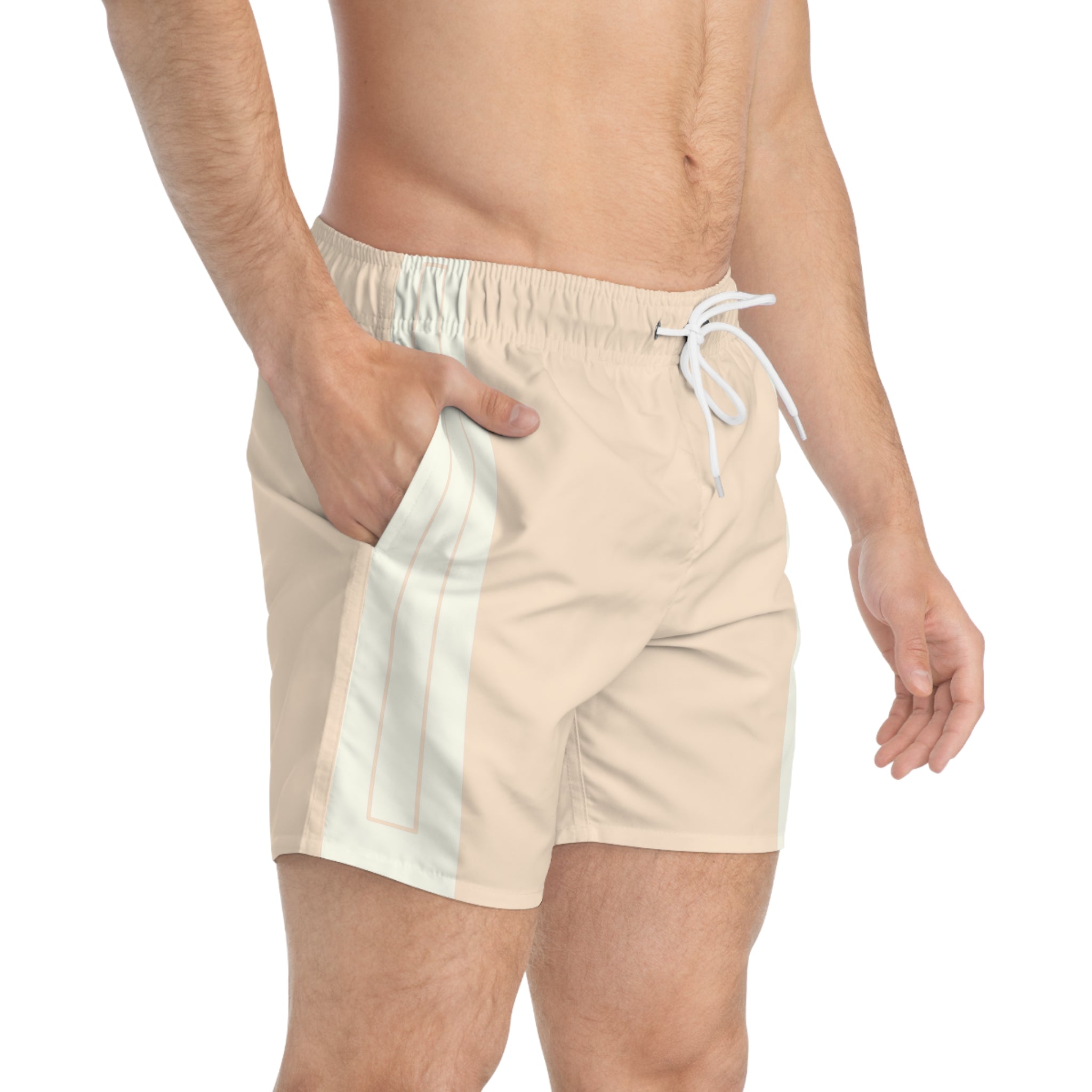 Minimal Beige Swim Trunks — Retro Stripe Beach Shorts