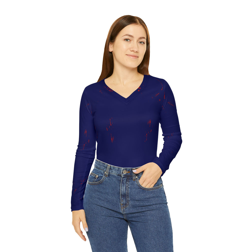 Navy V-Neck Long Sleeve Shirt — Women's Subtle Red Splatter AOP