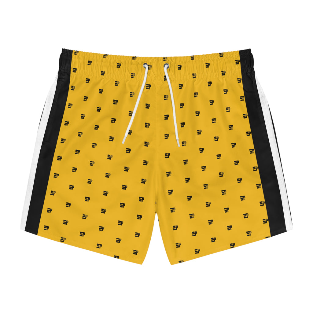 Yellow Retro Pattern Swim Trunks — Minimal Black Icon All-Over Print