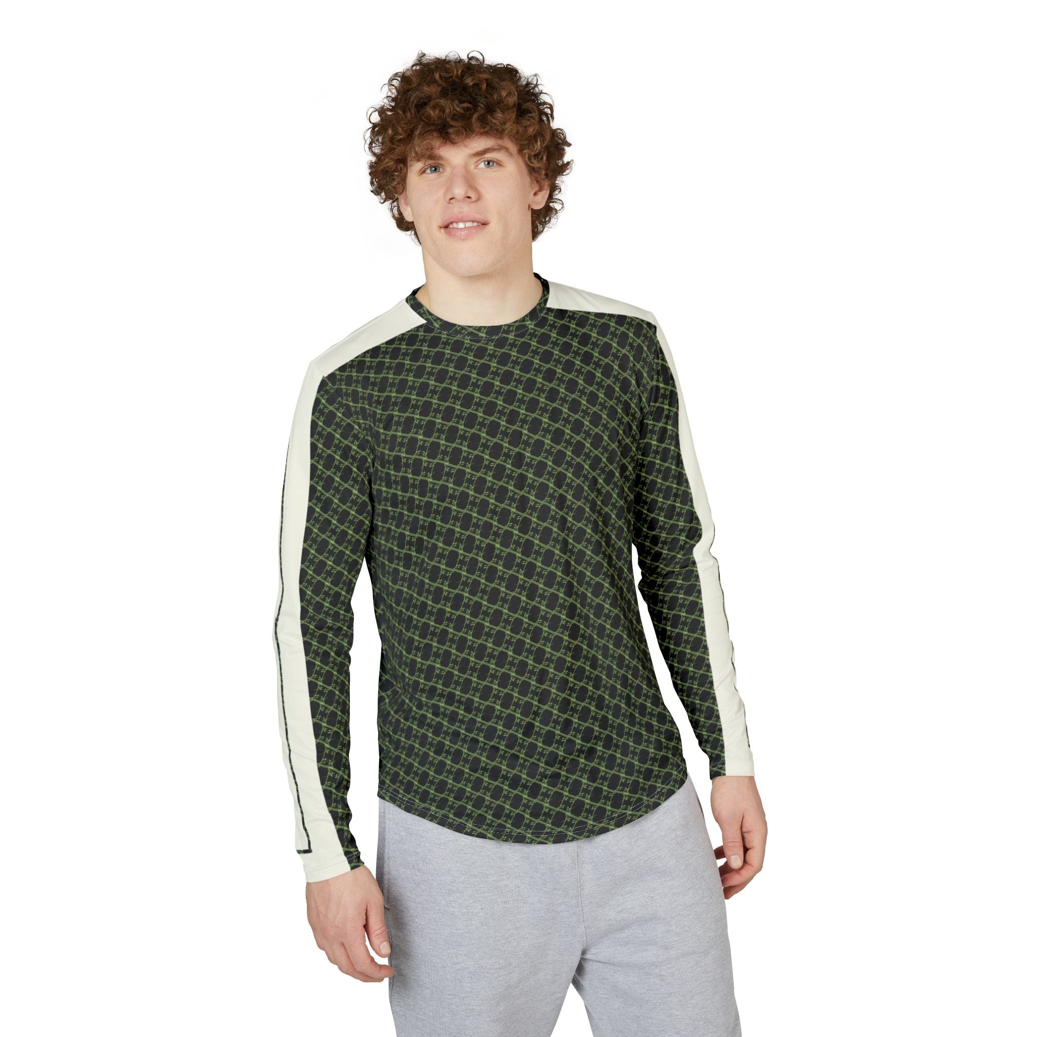 Men's UV Long-Sleeve Performance Shirt — Olive Geometric AOP
