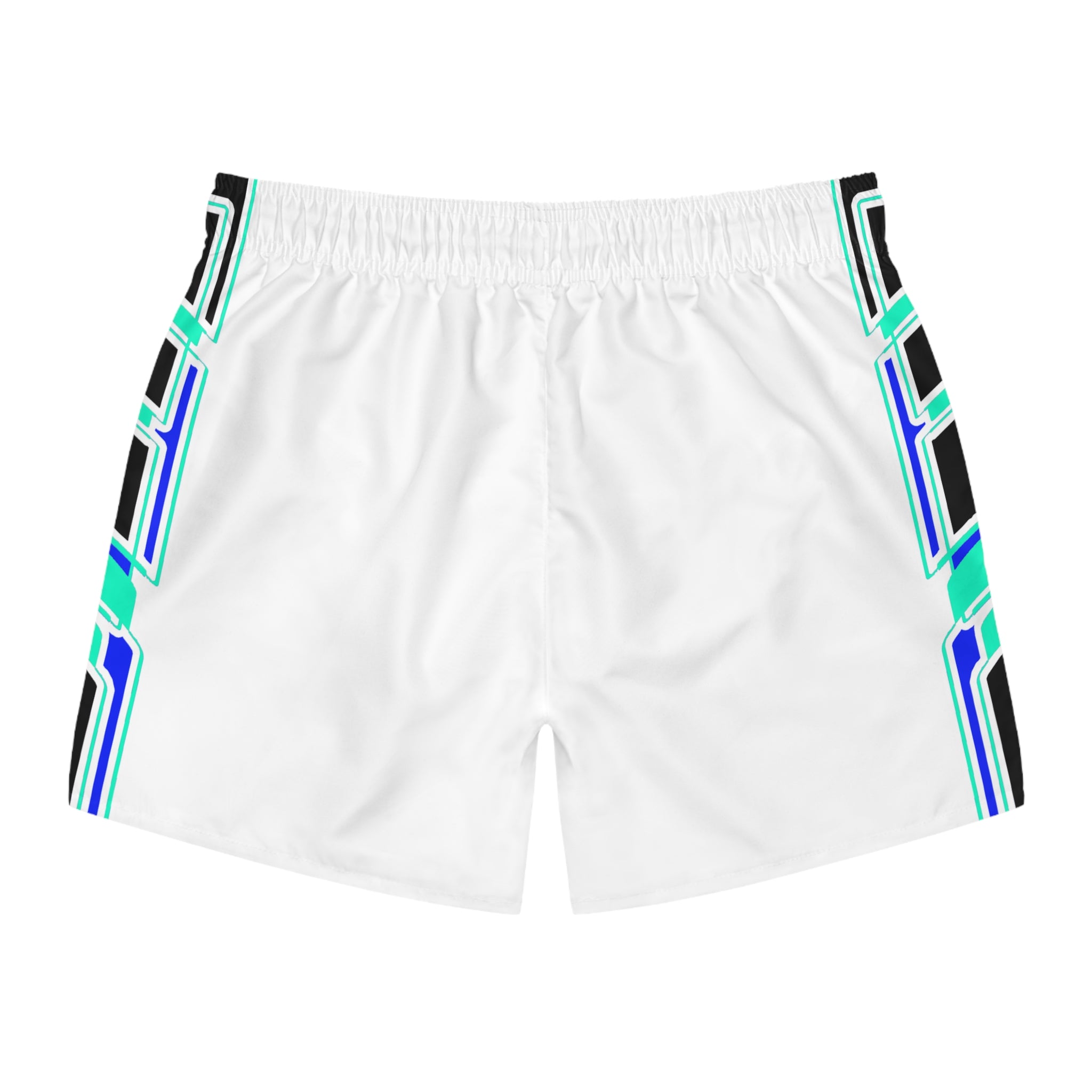 Geometric Neon Stripe Swim Trunks — White Teal Blue AOP Boardshorts
