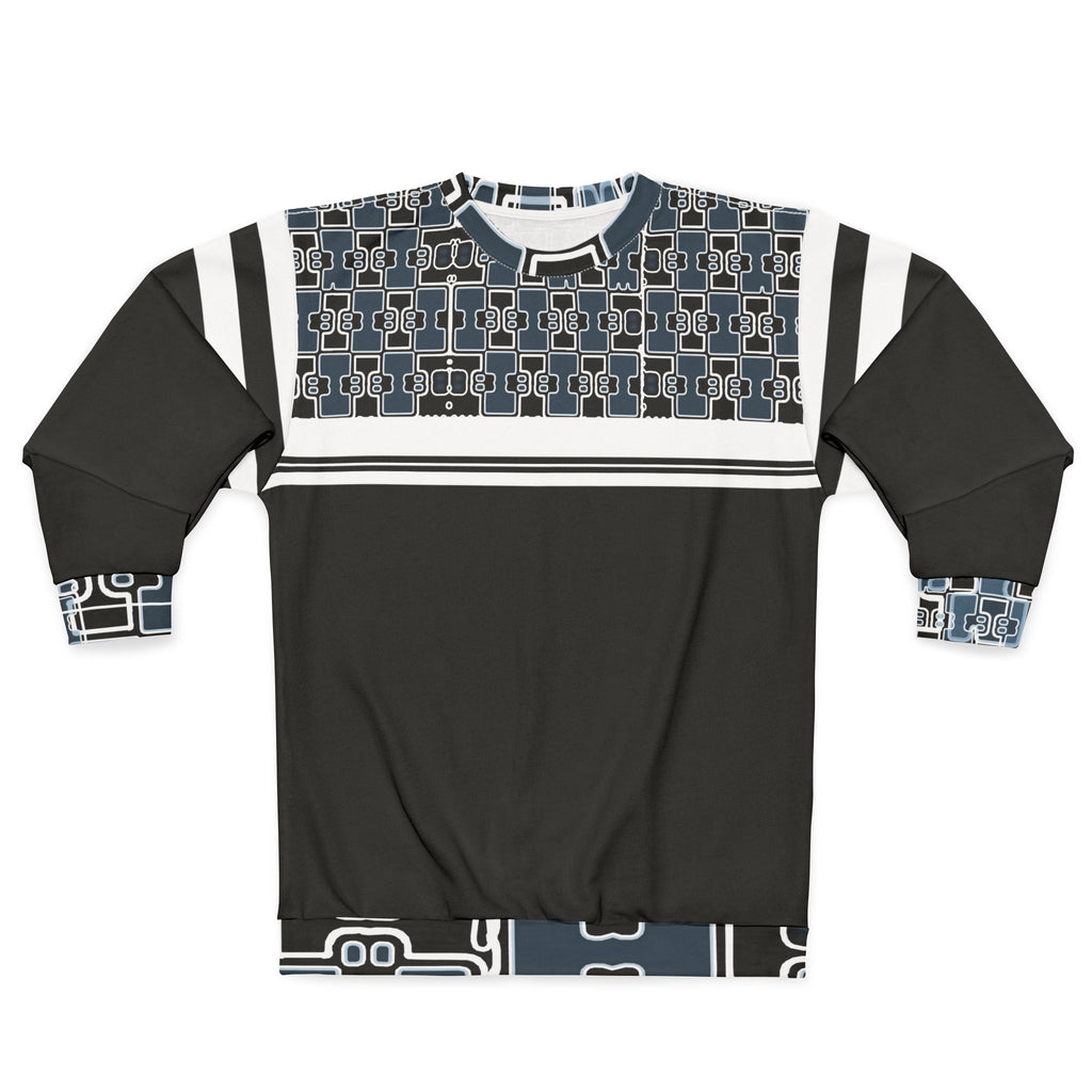 Retro Geo Panel Sweatshirt — Black & Slate All-Over Print