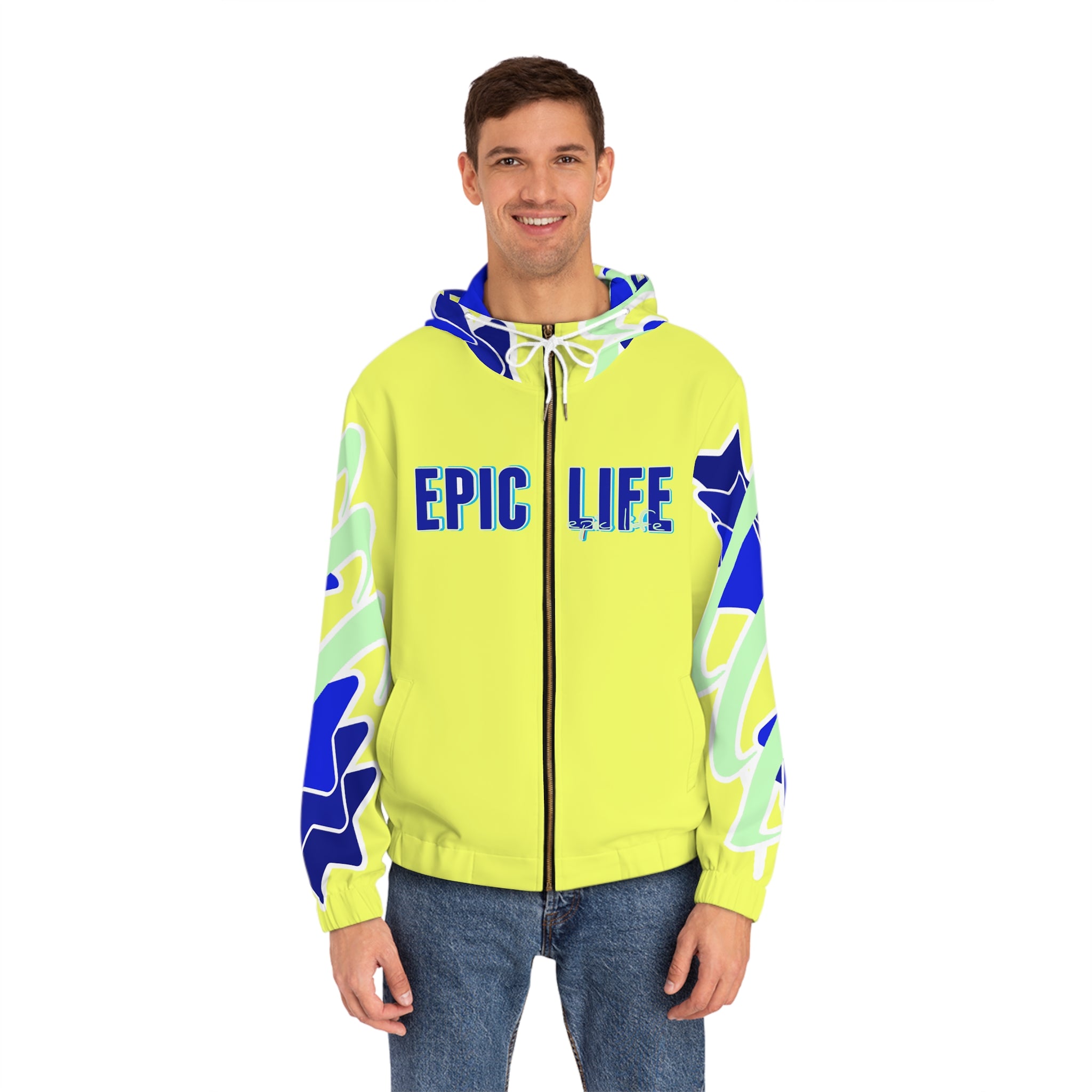 Epic Life Star Full-Zip Hoodie — Banana Yellow Neon Graphic Zip-Up Jacket